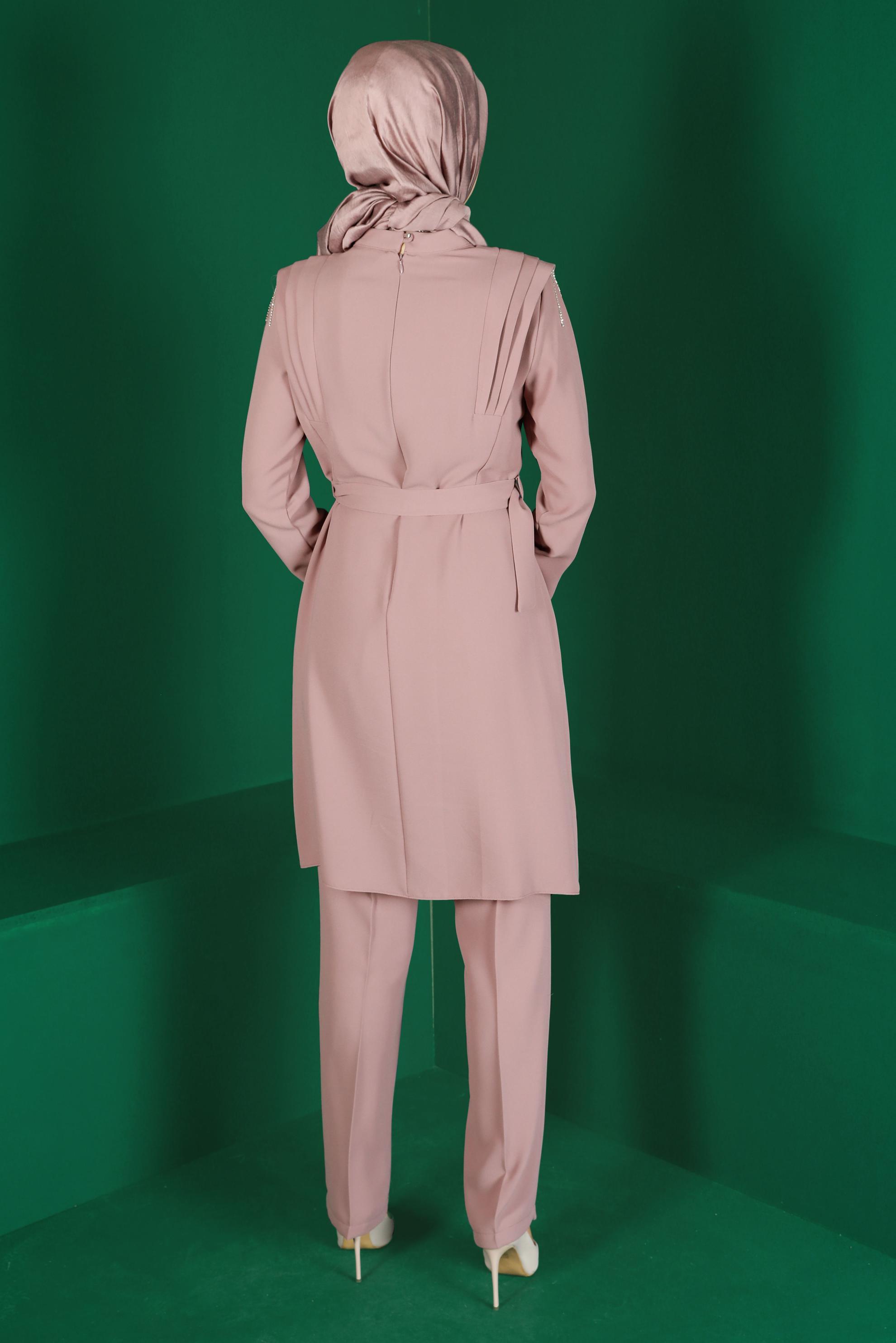 Tesettür giyim MOR TAŞLI PÜSKÜL DETAYLI KUŞAKLI İKİLİ PANT. TAKIM 30288 