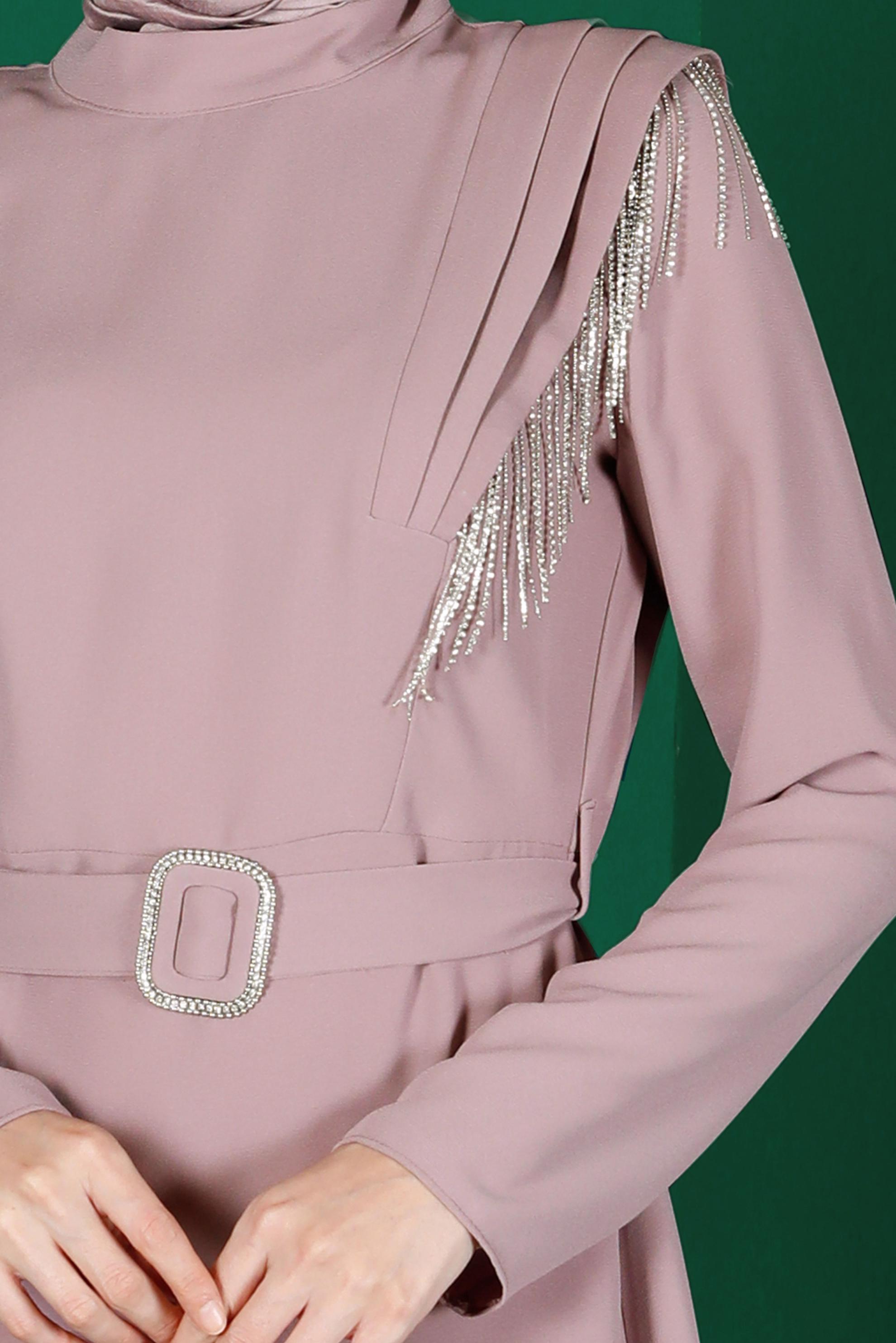 Tesettür giyim MOR TAŞLI PÜSKÜL DETAYLI KUŞAKLI İKİLİ PANT. TAKIM 30288 