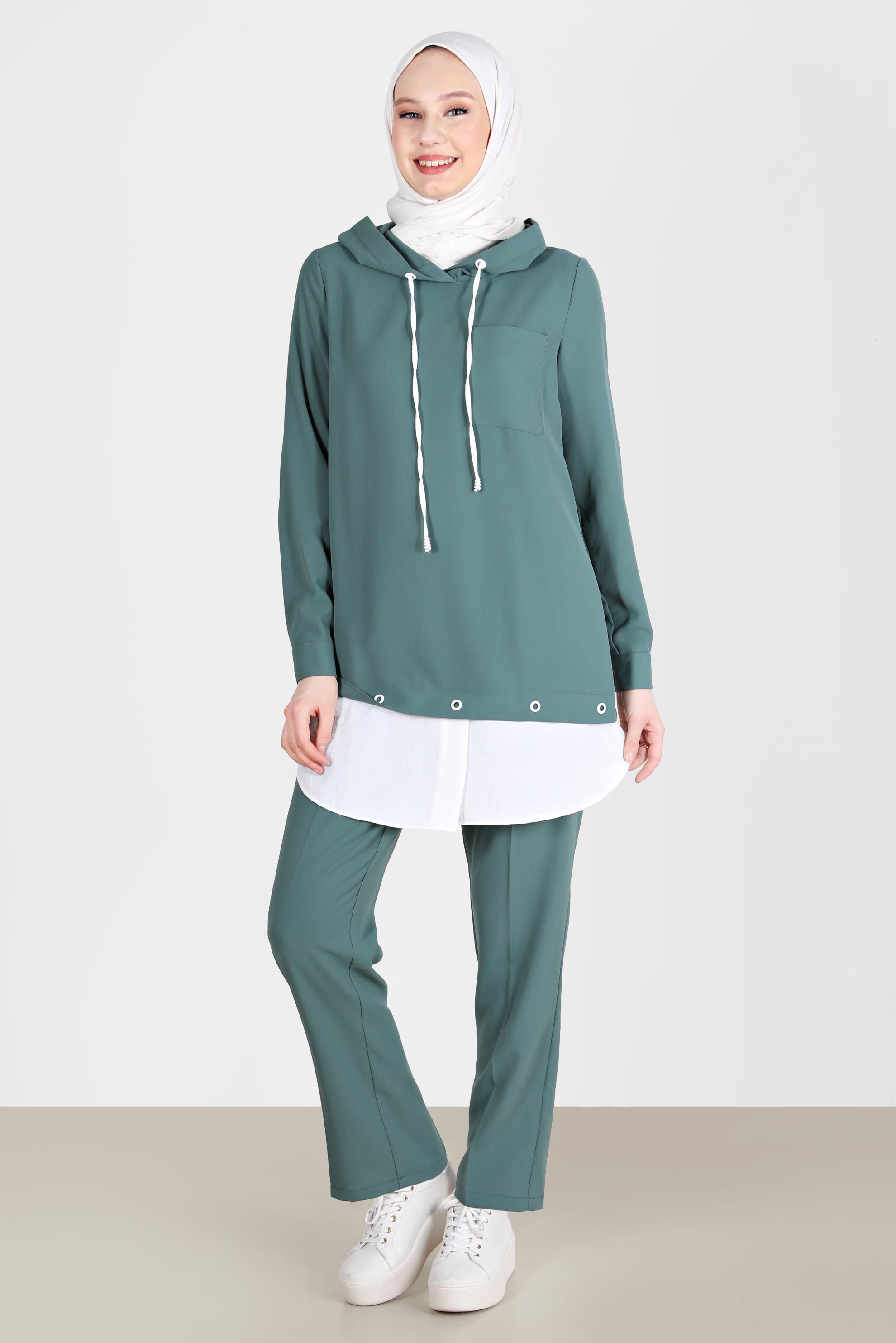Tesettür giyim YEŞİL KUŞGÖZÜ DETAYLI KAPÜŞONLU İKİLİ PANT. TAKIM 41721 