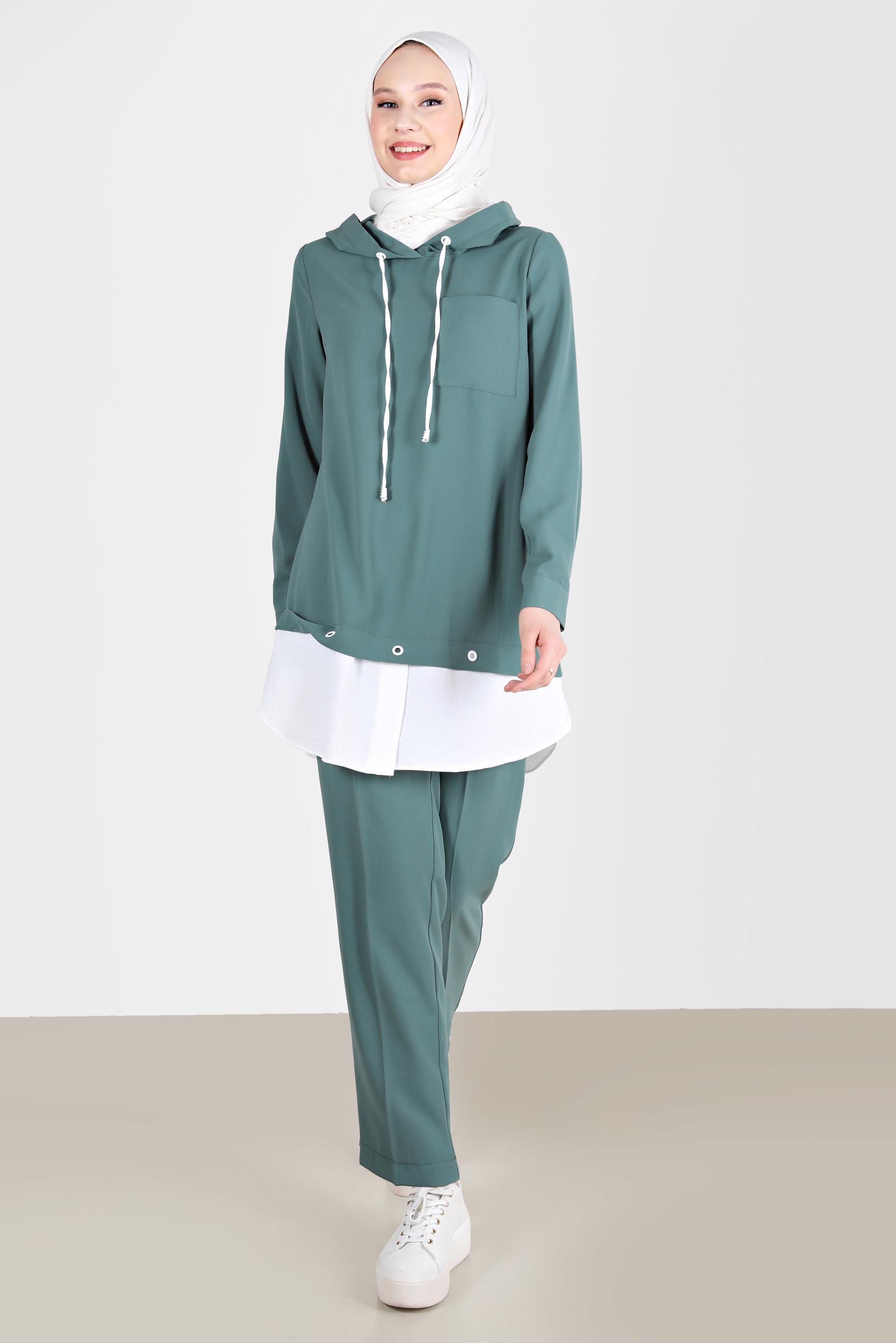 Tesettür giyim YEŞİL KUŞGÖZÜ DETAYLI KAPÜŞONLU İKİLİ PANT. TAKIM 41721 