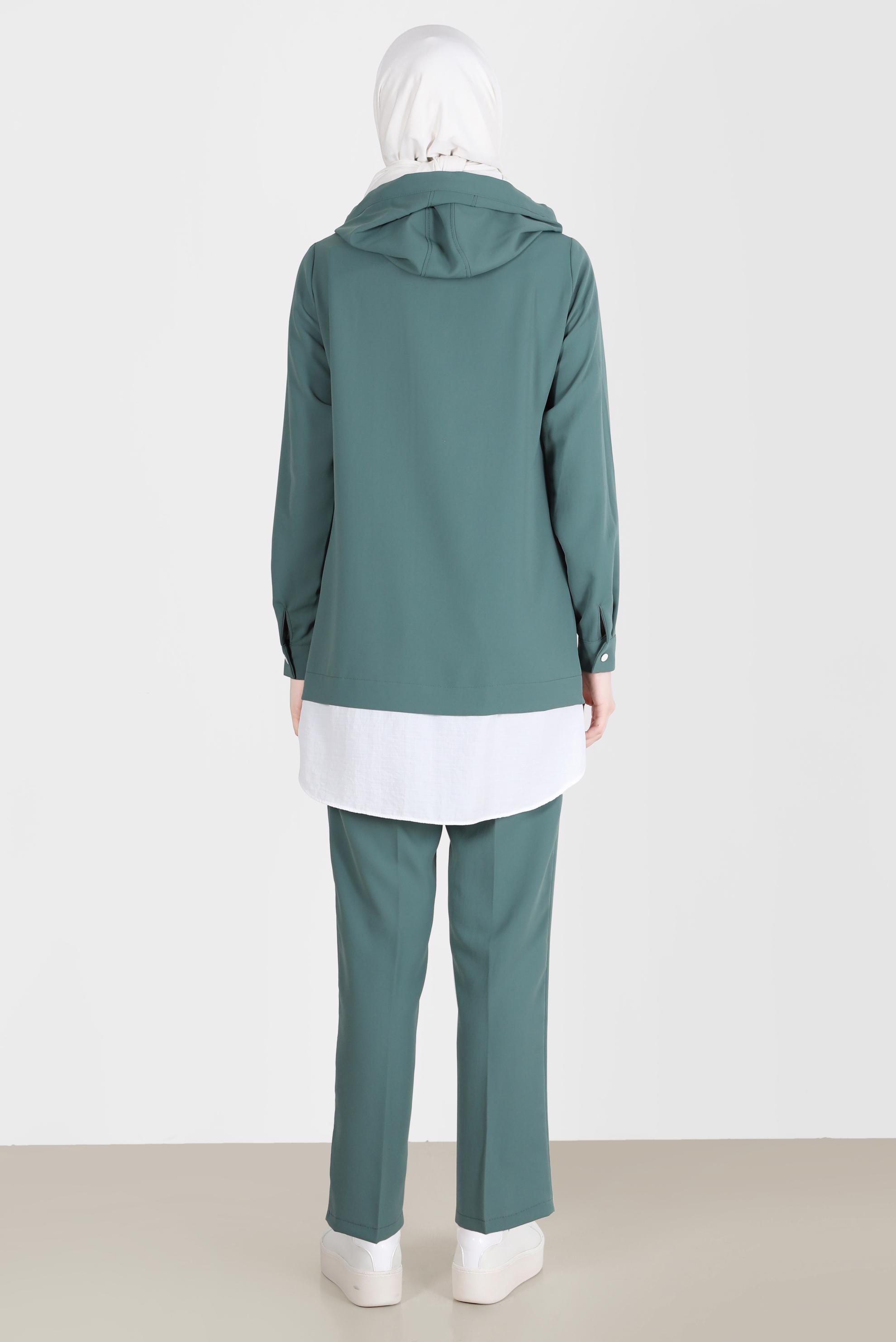 Tesettür giyim YEŞİL KUŞGÖZÜ DETAYLI KAPÜŞONLU İKİLİ PANT. TAKIM 41721 