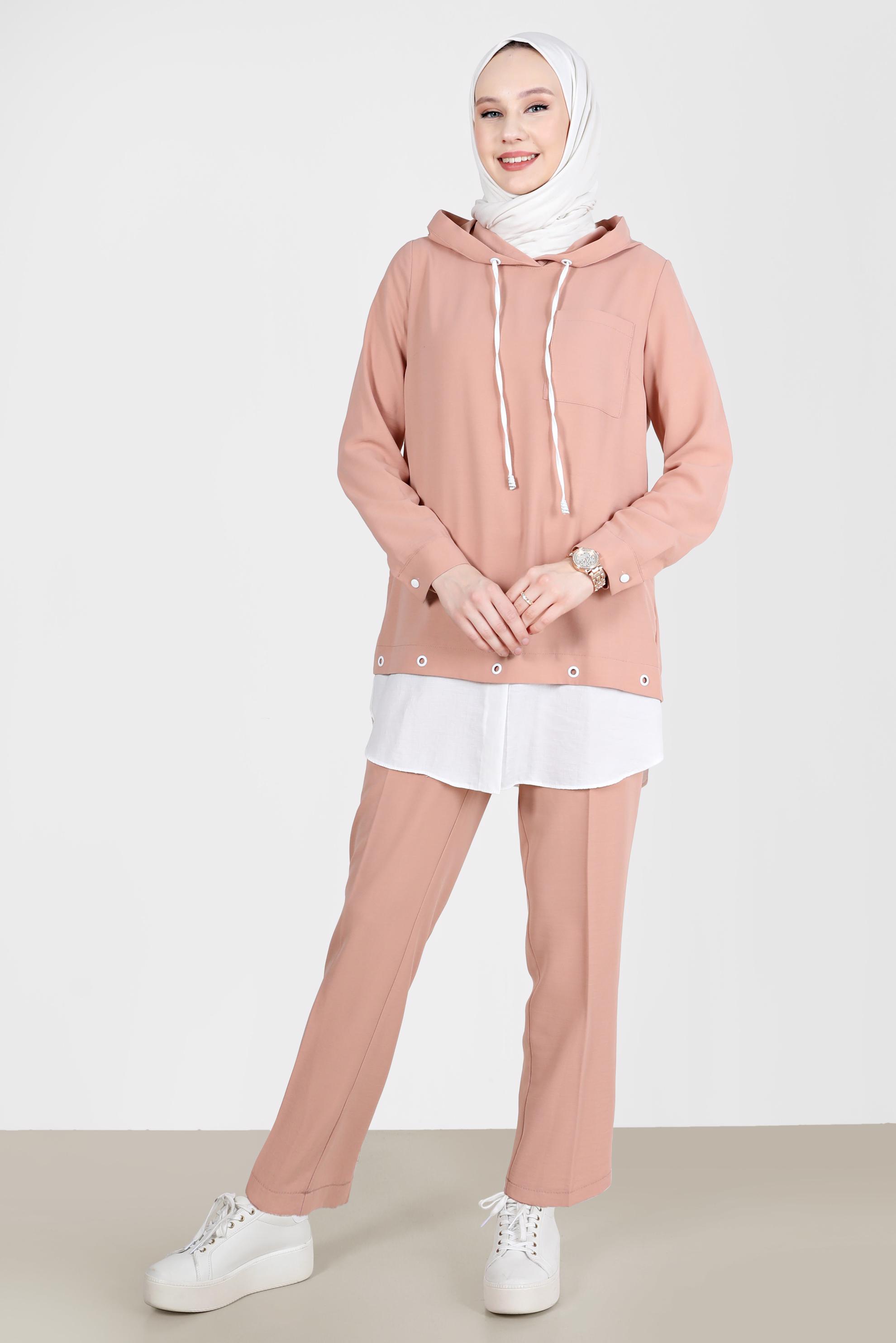 Tesettür giyim PUDRA KUŞGÖZÜ DETAYLI KAPÜŞONLU İKİLİ PANT. TAKIM 41721 