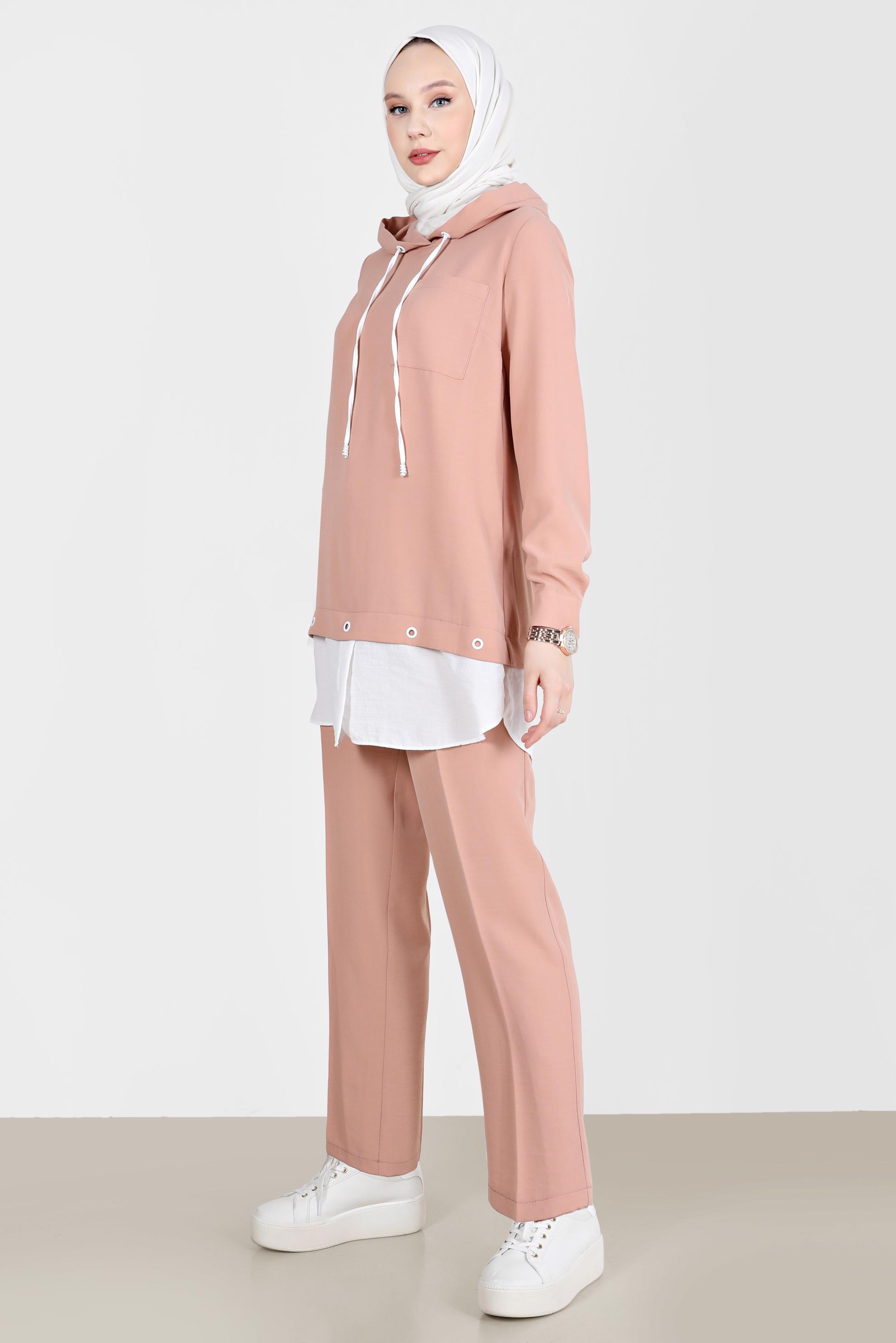 Tesettür giyim PUDRA KUŞGÖZÜ DETAYLI KAPÜŞONLU İKİLİ PANT. TAKIM 41721 