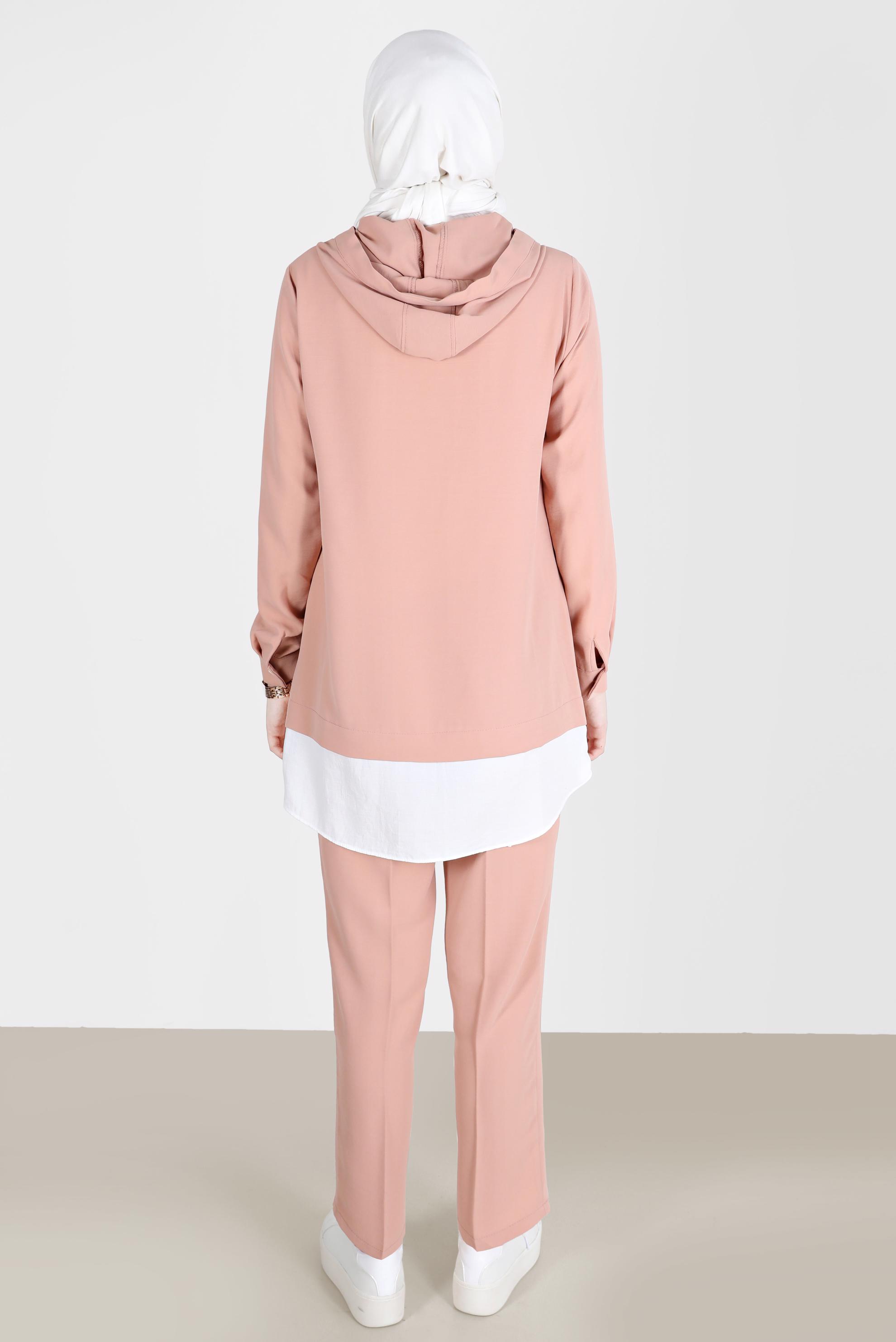 Tesettür giyim PUDRA KUŞGÖZÜ DETAYLI KAPÜŞONLU İKİLİ PANT. TAKIM 41721 