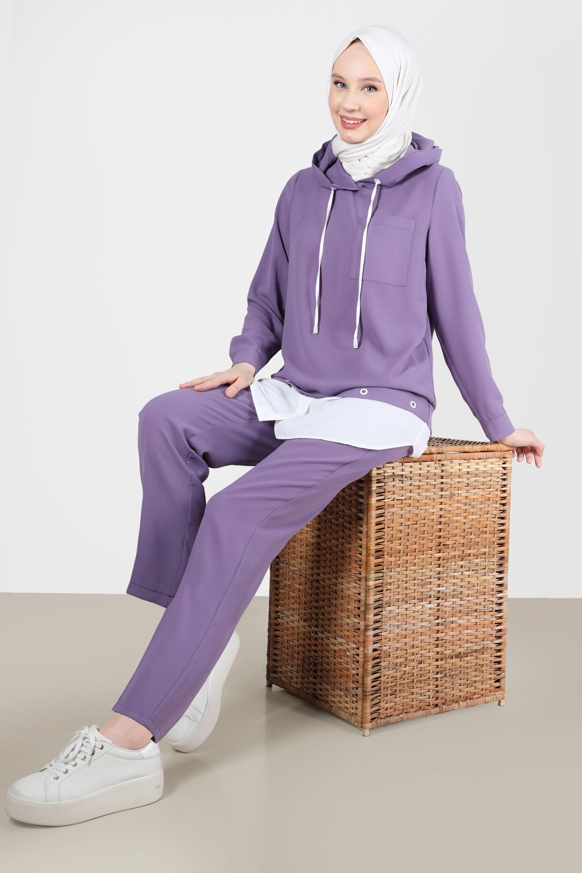 Tesettür giyim MOR KUŞGÖZÜ DETAYLI KAPÜŞONLU İKİLİ PANT. TAKIM 41721 