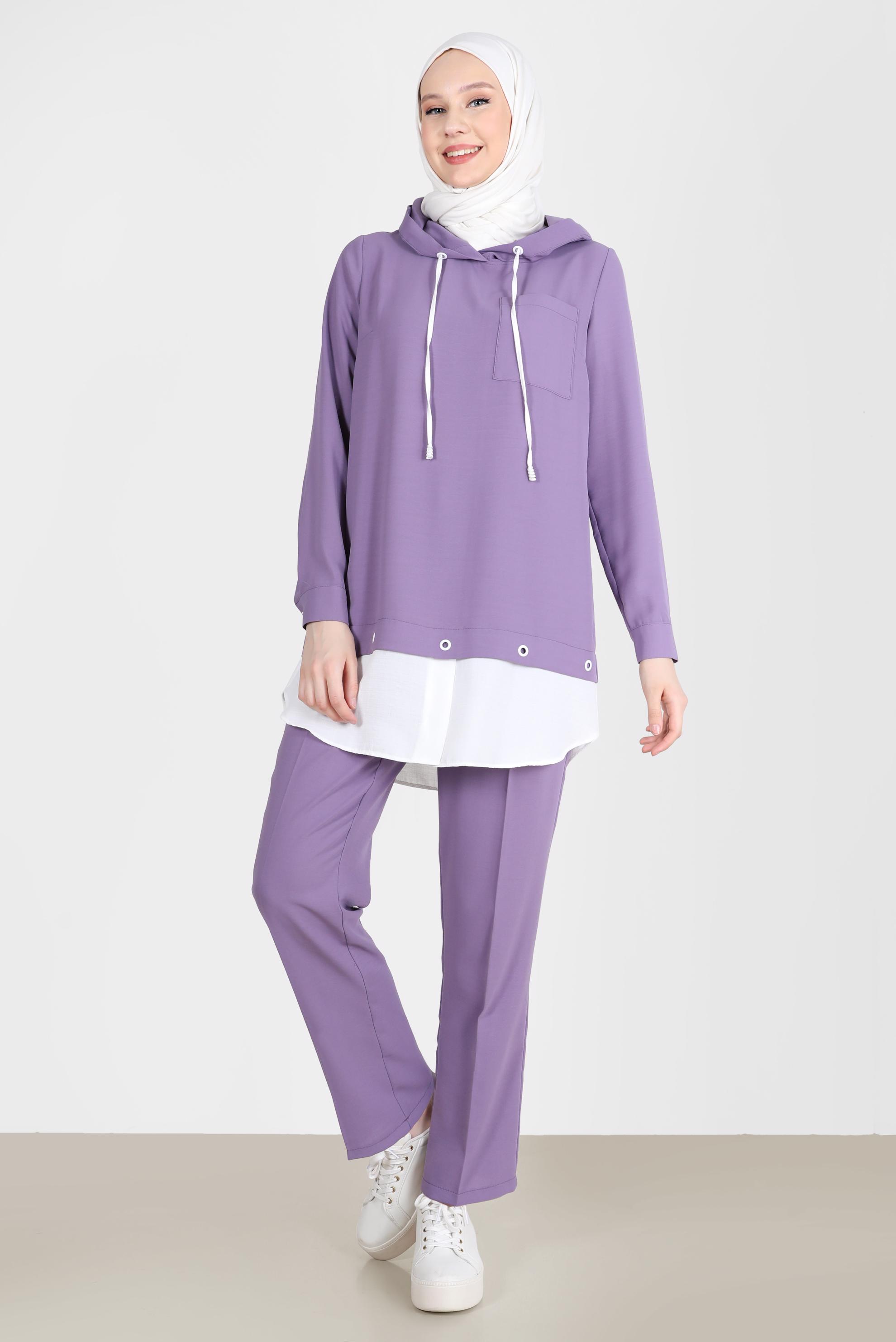Tesettür giyim MOR KUŞGÖZÜ DETAYLI KAPÜŞONLU İKİLİ PANT. TAKIM 41721 