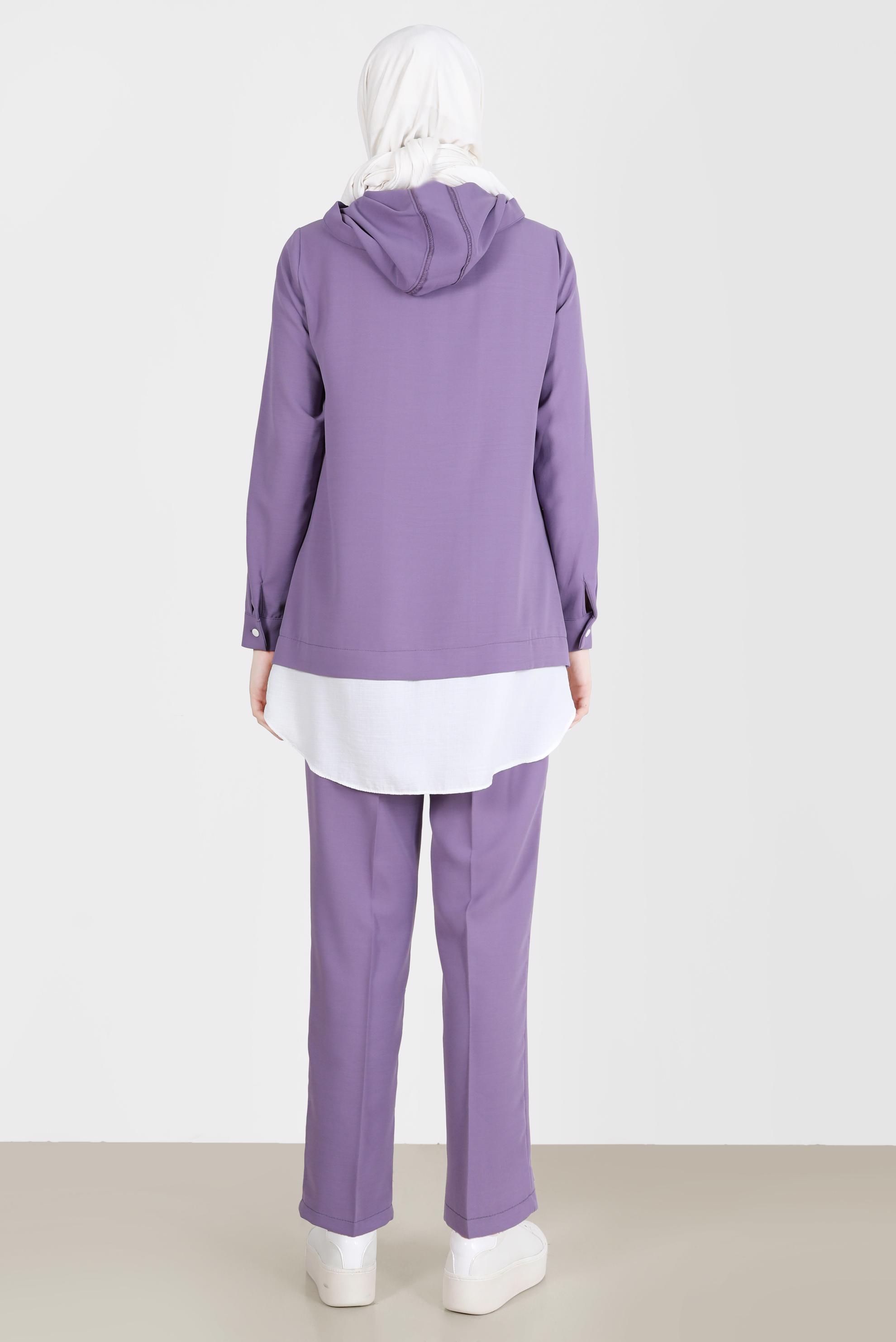 Tesettür giyim MOR KUŞGÖZÜ DETAYLI KAPÜŞONLU İKİLİ PANT. TAKIM 41721 