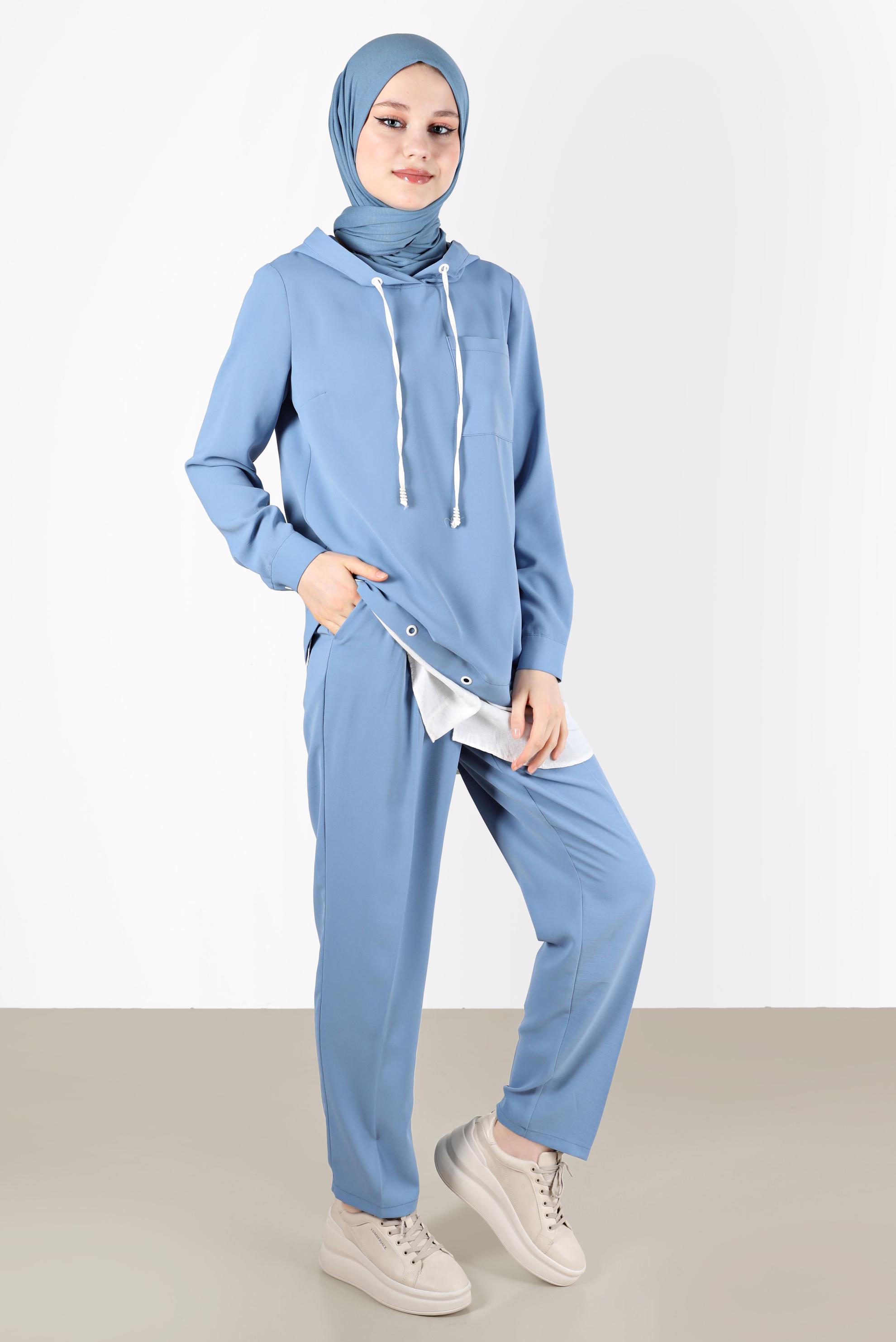 Hijab clothing BLUE EYELET DETAIL HOODED 2-PIECE PANTS SUIT 41721 