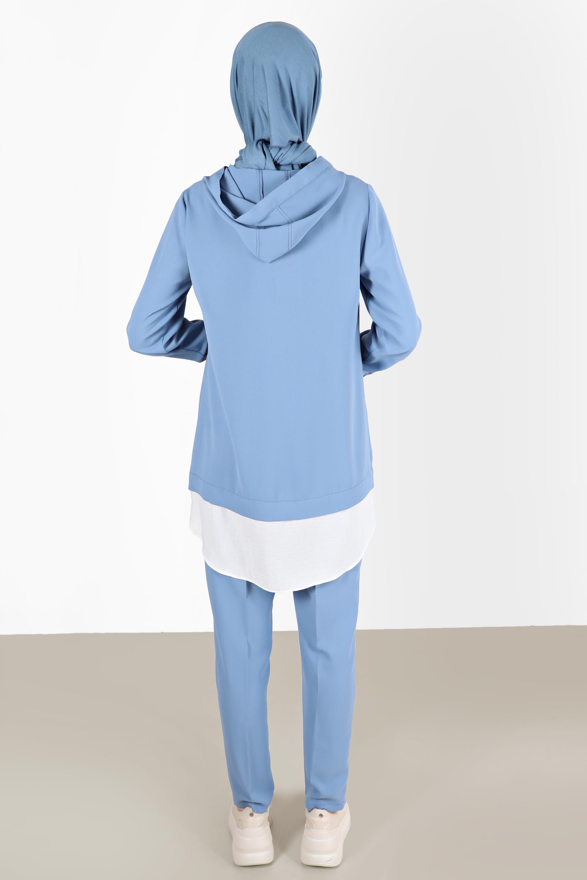 Hijab clothing BLUE EYELET DETAIL HOODED 2-PIECE PANTS SUIT 41721 