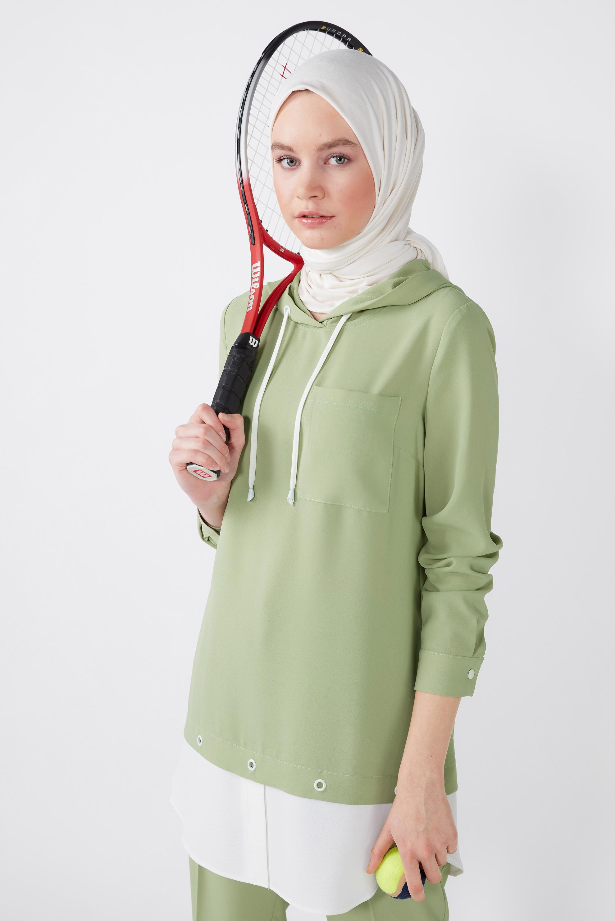 Tesettür giyim YEŞİL KUŞGÖZÜ DETAYLI KAPÜŞONLU İKİLİ PANT. TAKIM 41721 