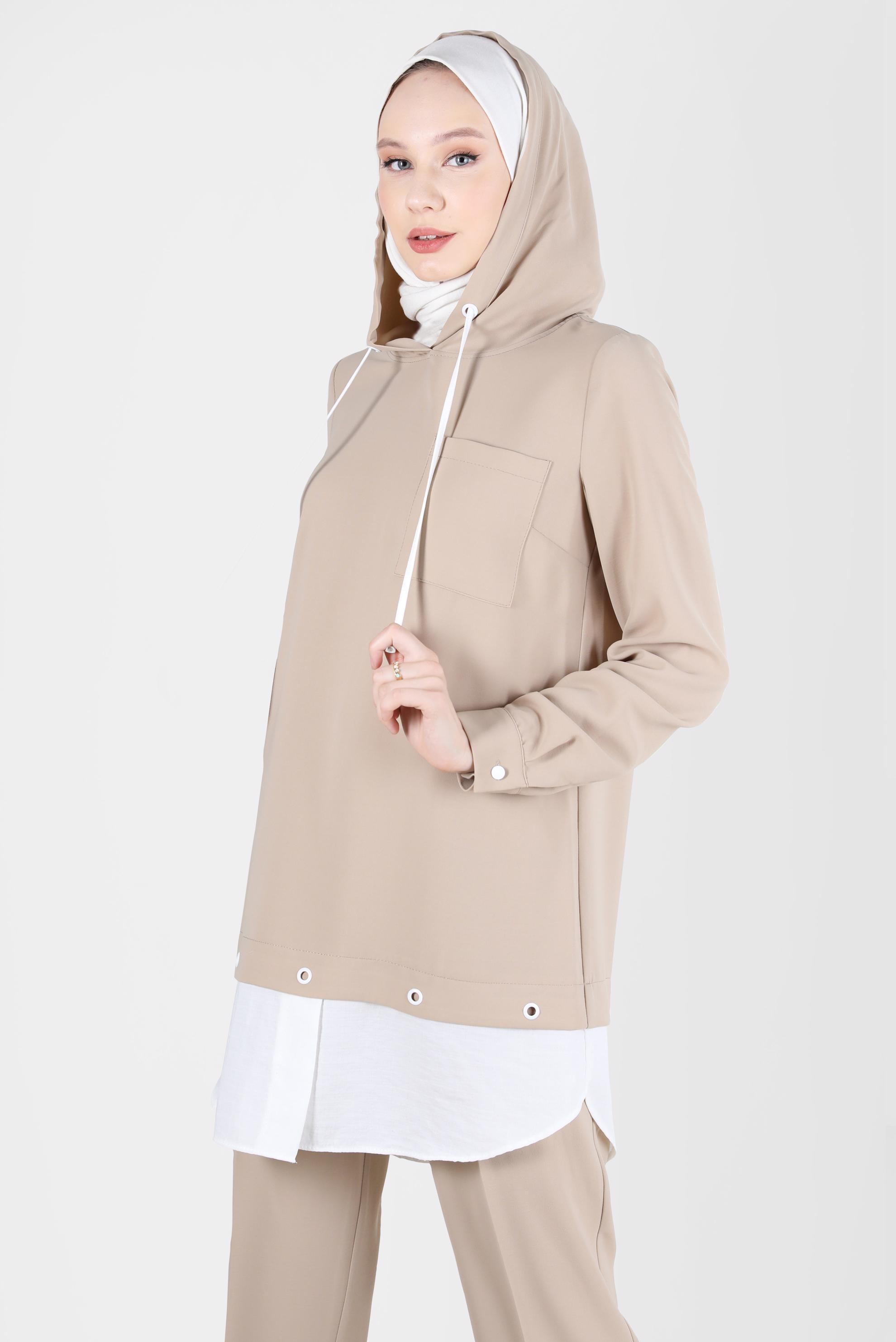 Tesettür giyim VİZON KUŞGÖZÜ DETAYLI KAPÜŞONLU İKİLİ PANT. TAKIM 41721 