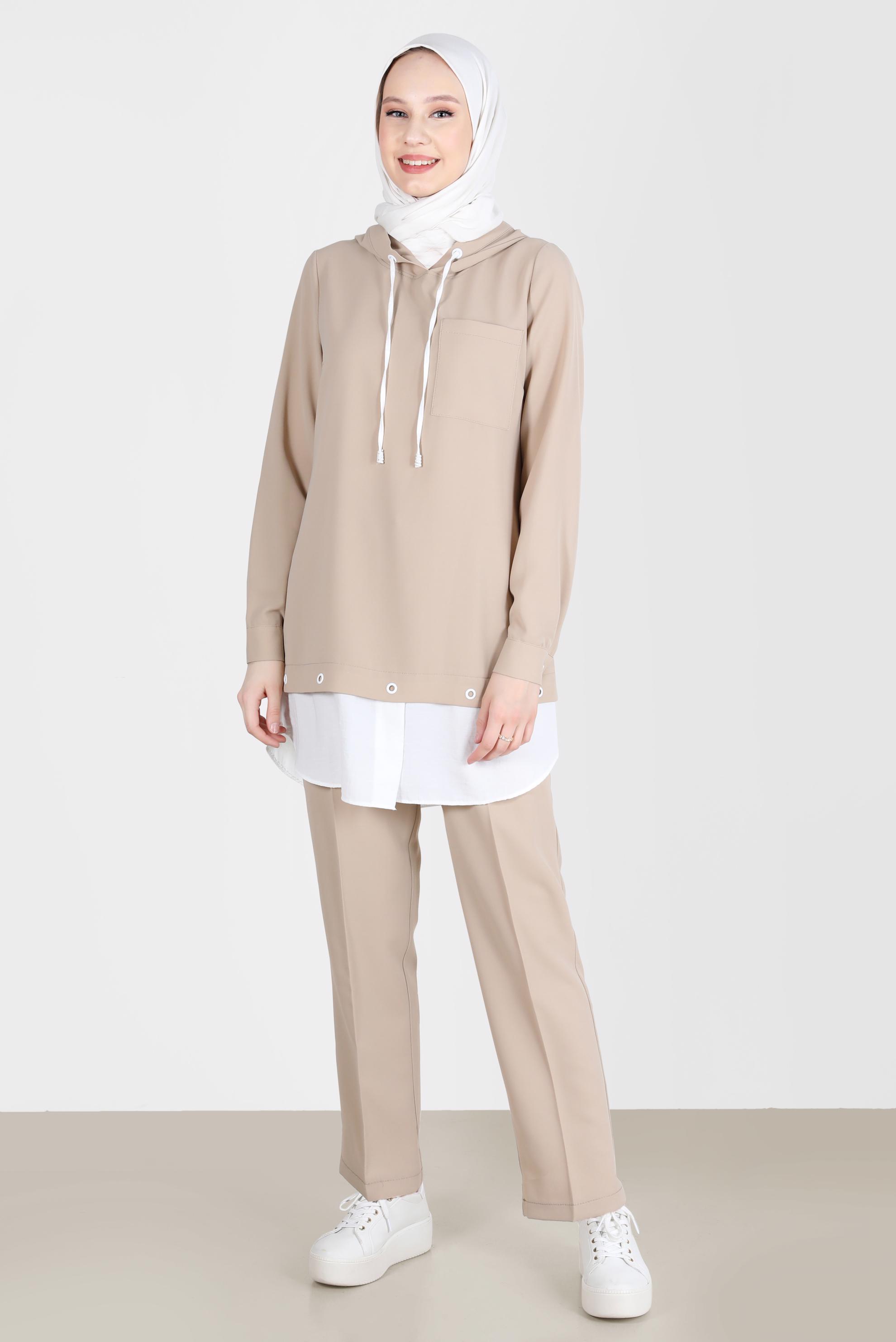 Tesettür giyim VİZON KUŞGÖZÜ DETAYLI KAPÜŞONLU İKİLİ PANT. TAKIM 41721 