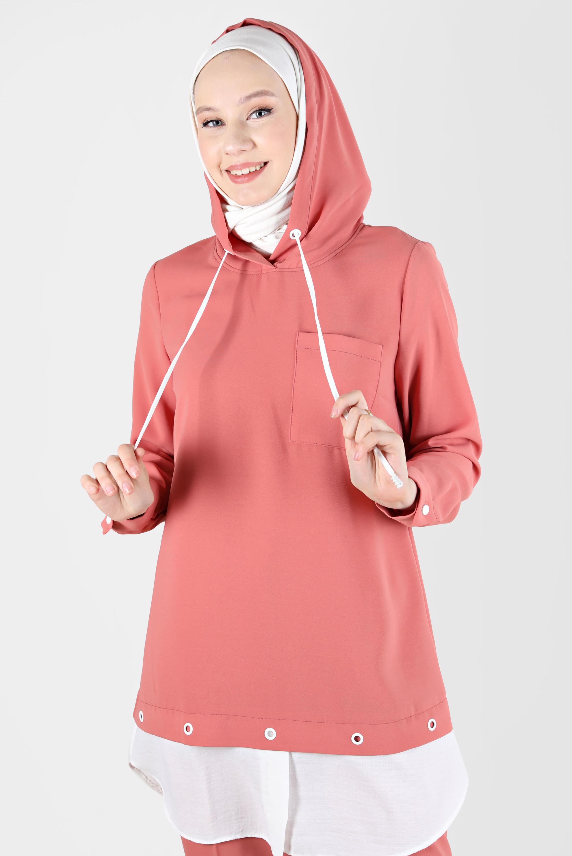 Tesettür giyim PEMBE KUŞGÖZÜ DETAYLI KAPÜŞONLU İKİLİ PANT. TAKIM 41721 