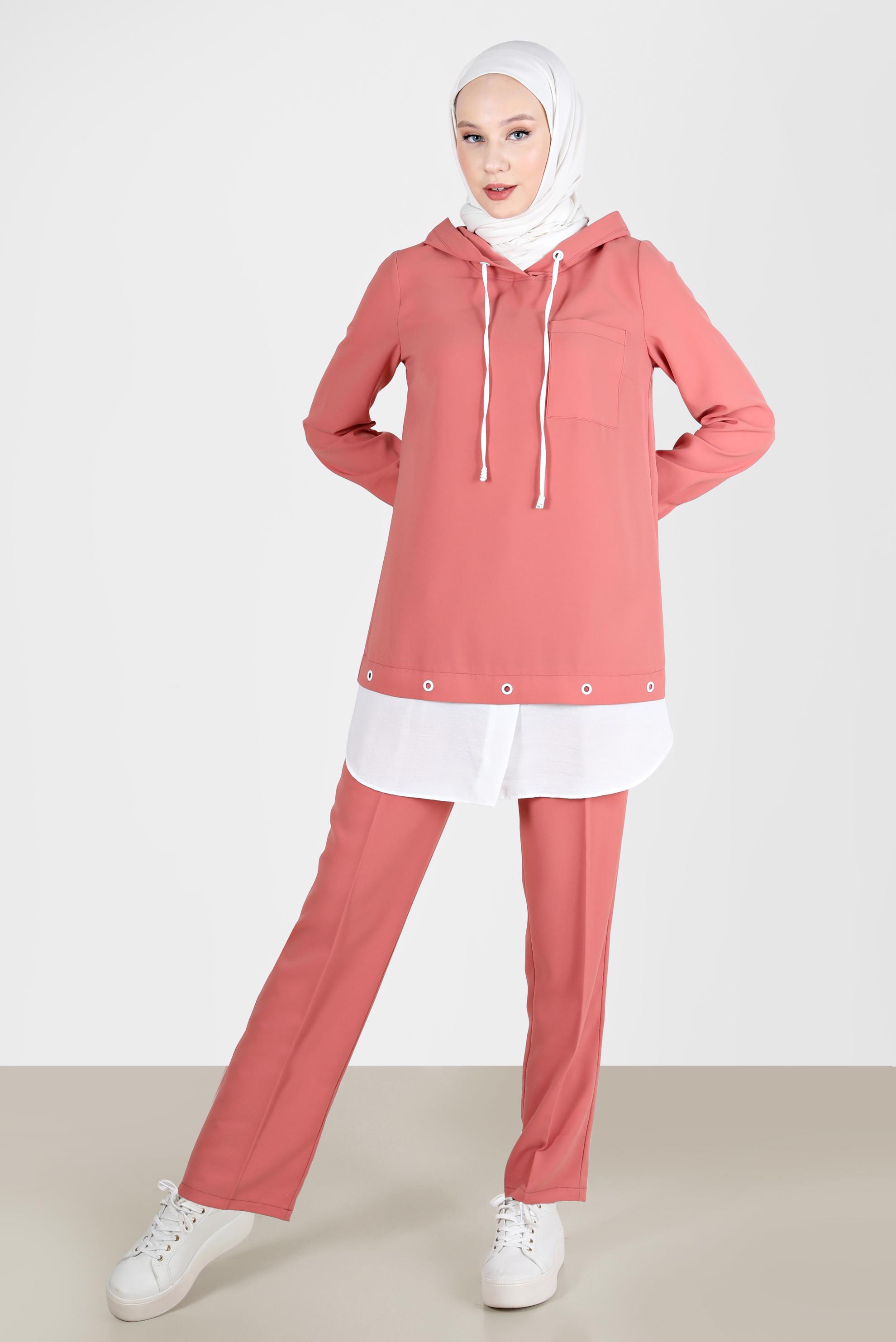 Tesettür giyim PEMBE KUŞGÖZÜ DETAYLI KAPÜŞONLU İKİLİ PANT. TAKIM 41721 