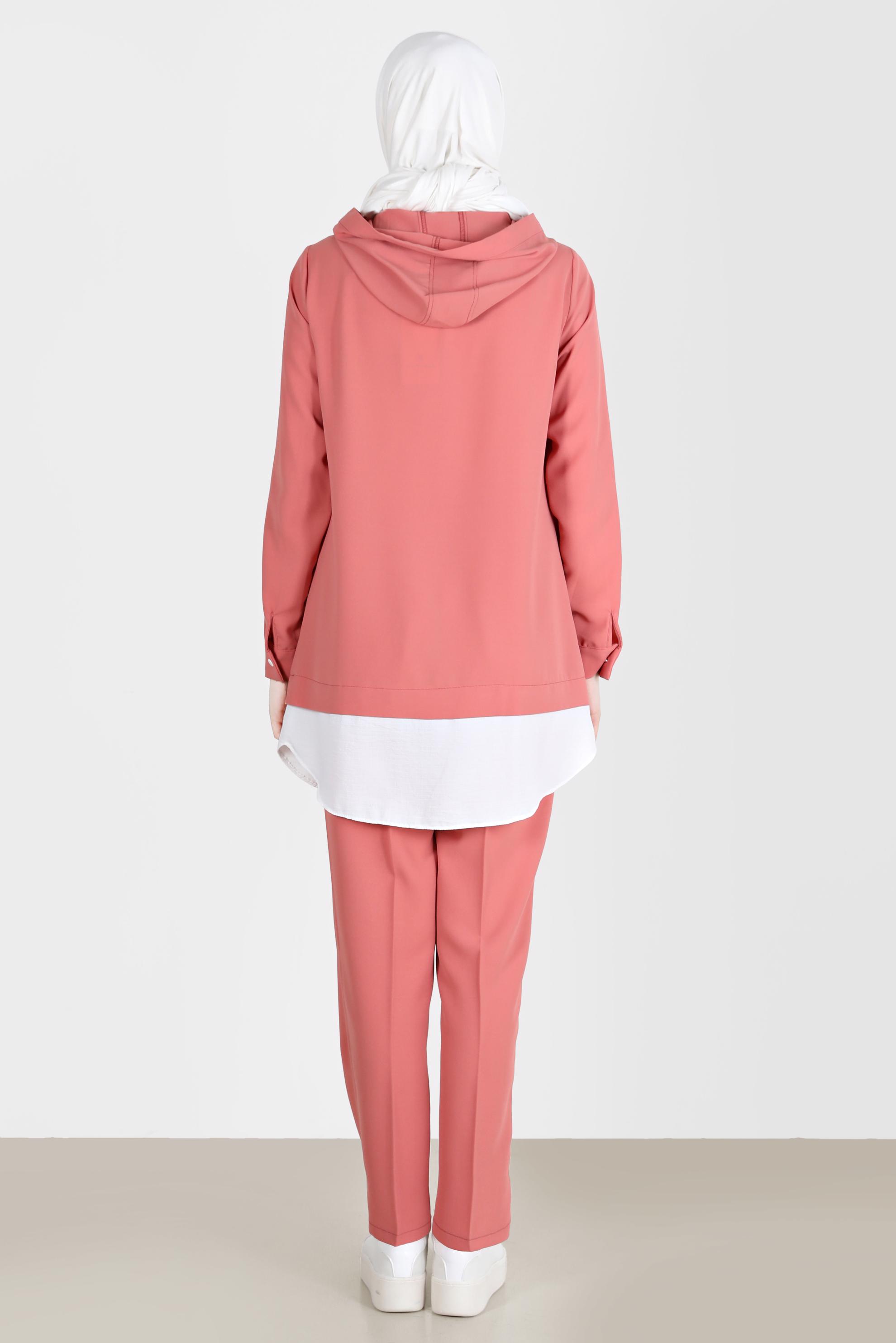 Tesettür giyim PEMBE KUŞGÖZÜ DETAYLI KAPÜŞONLU İKİLİ PANT. TAKIM 41721 