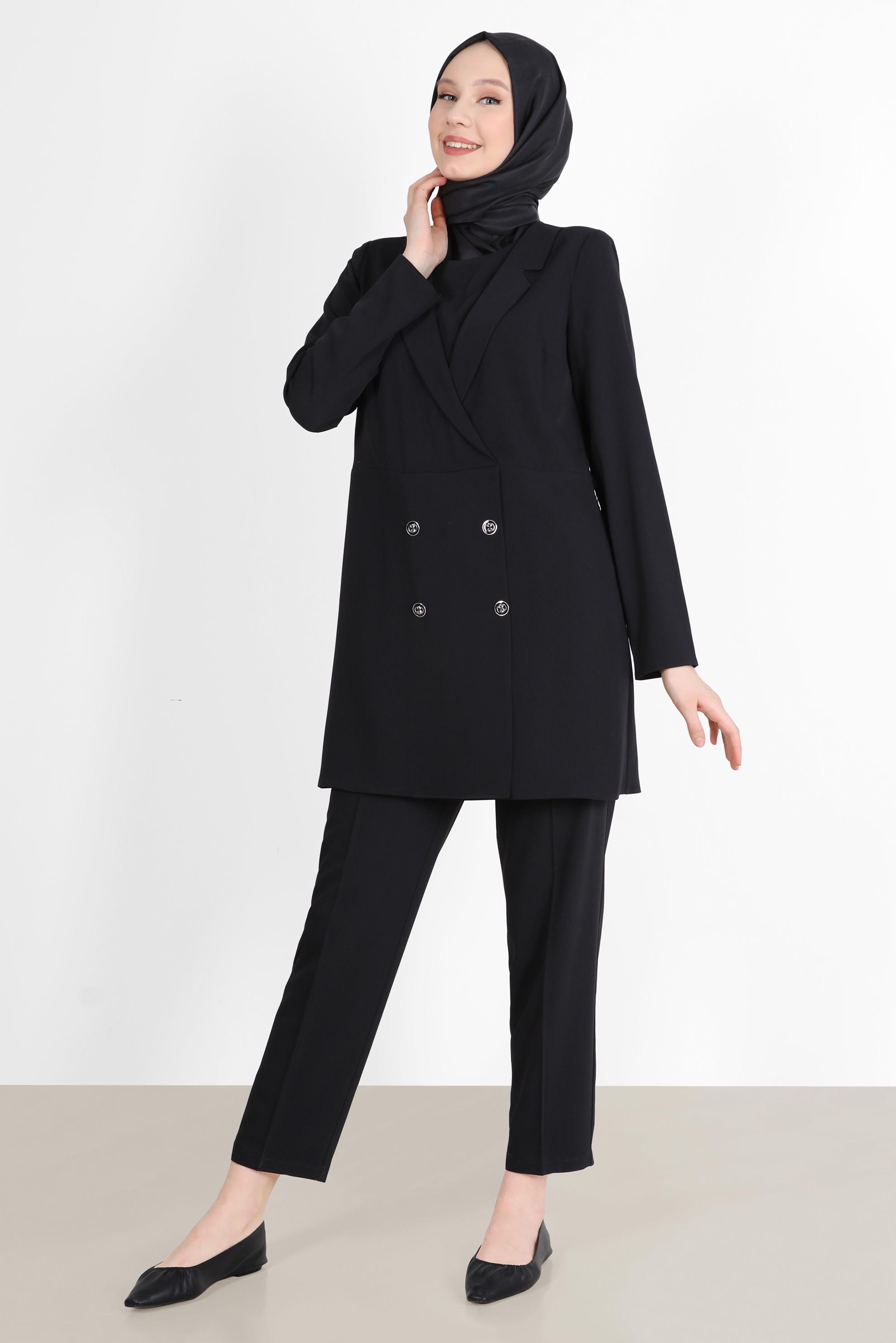 Tesettür giyim SİYAH KRUVAZE YAKA PANTOLONLU TAKIM 42508 