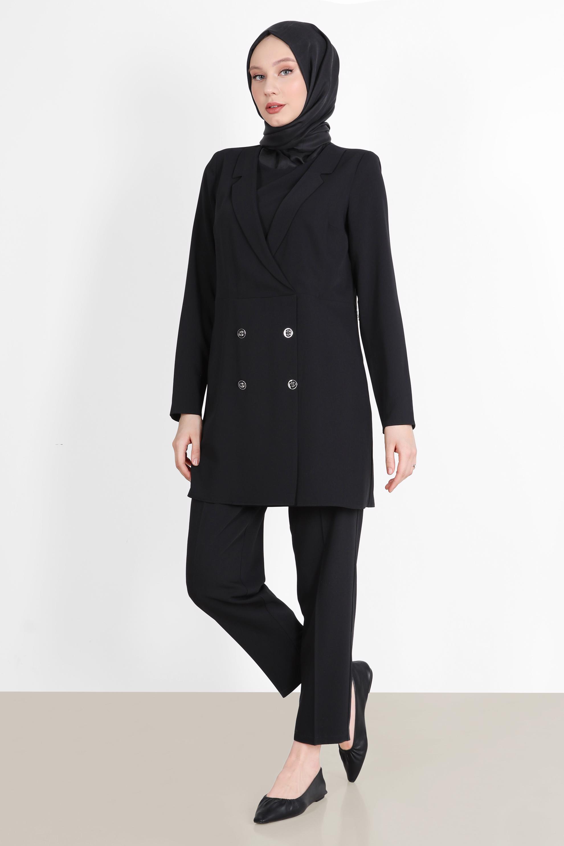 Tesettür giyim SİYAH KRUVAZE YAKA PANTOLONLU TAKIM 42508 