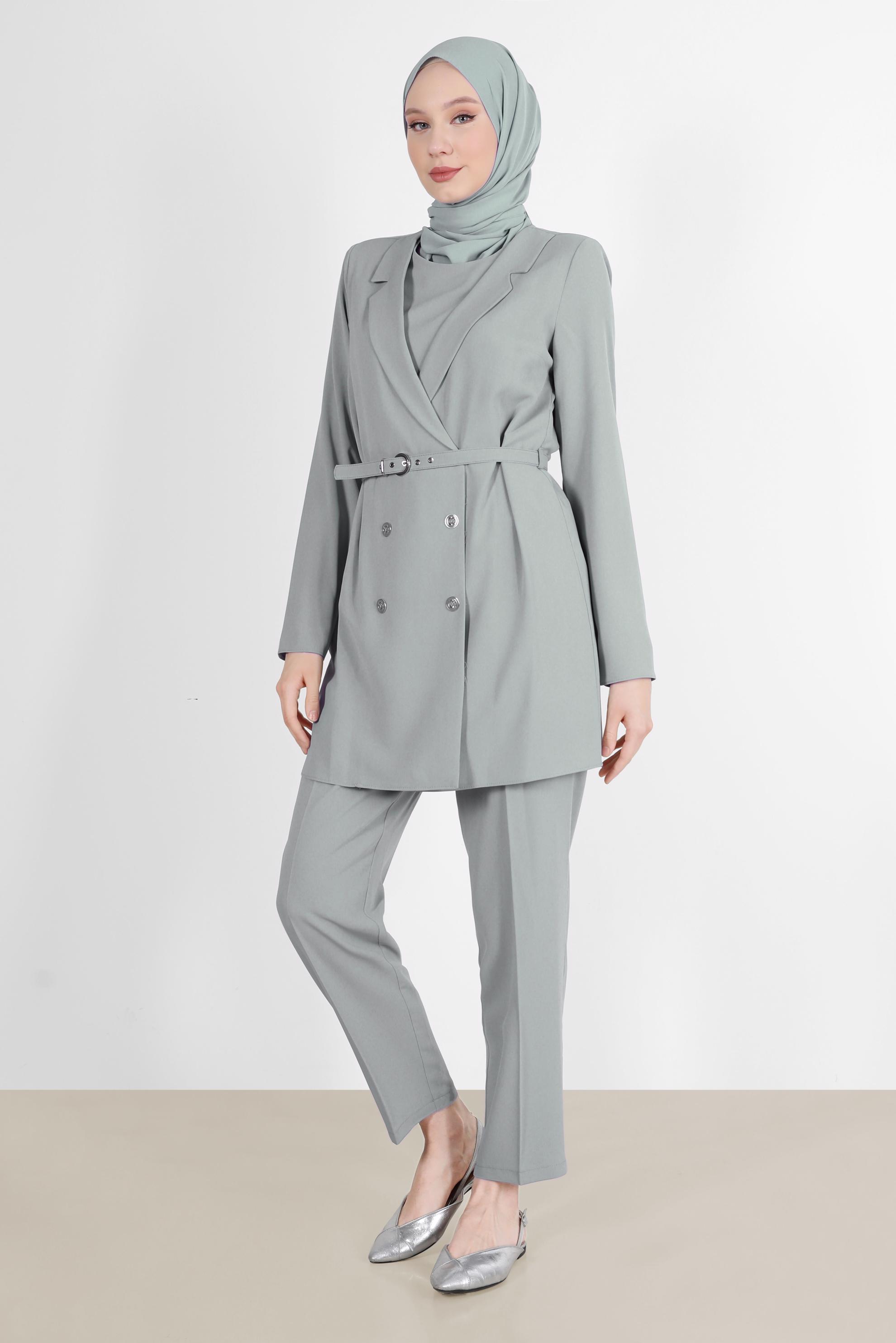 Hijab clothing GREY BUTTONED 2-PIECE PANTS SUIT 42508 