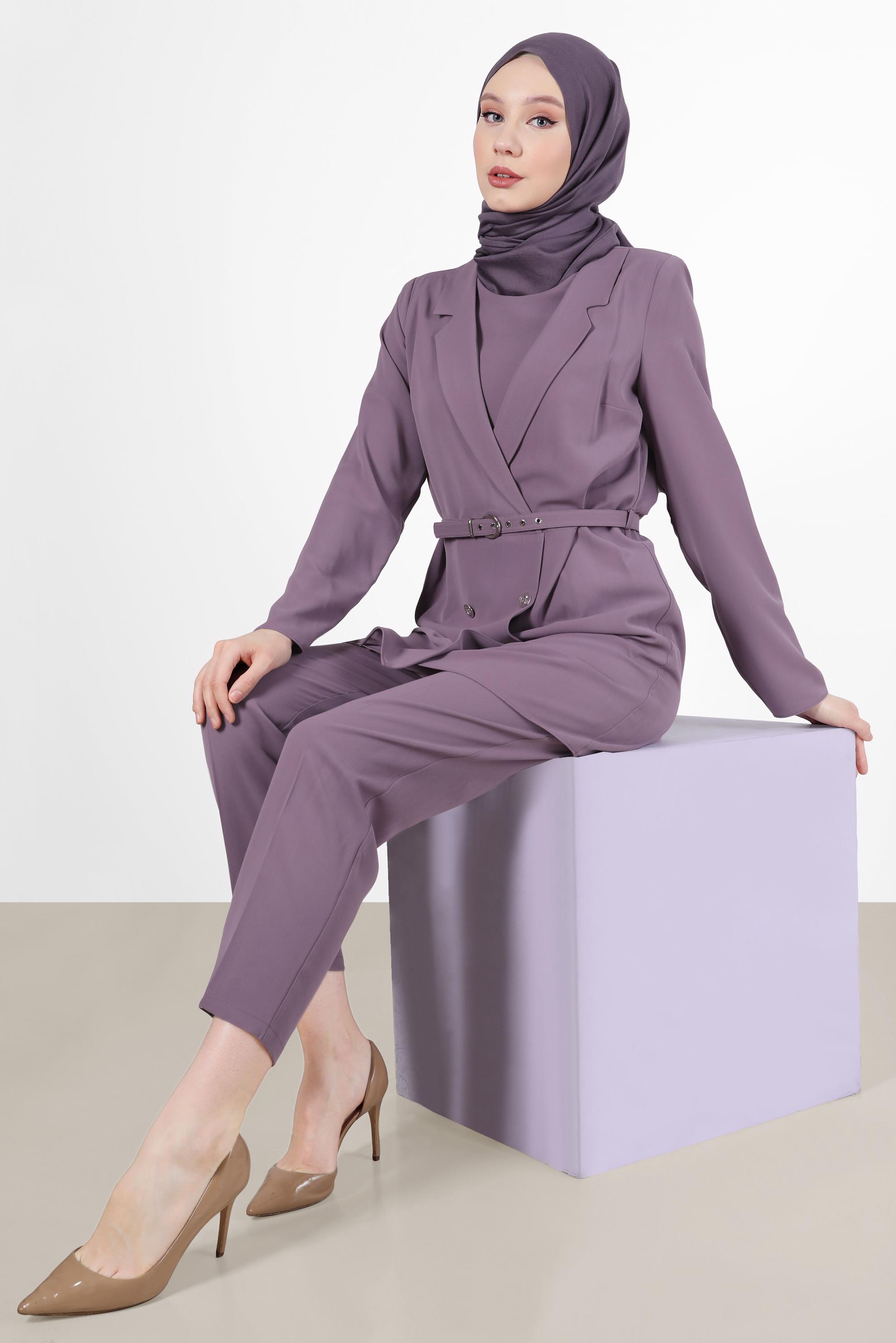 Tesettür giyim MOR KRUVAZE YAKA PANTOLONLU TAKIM 42508 