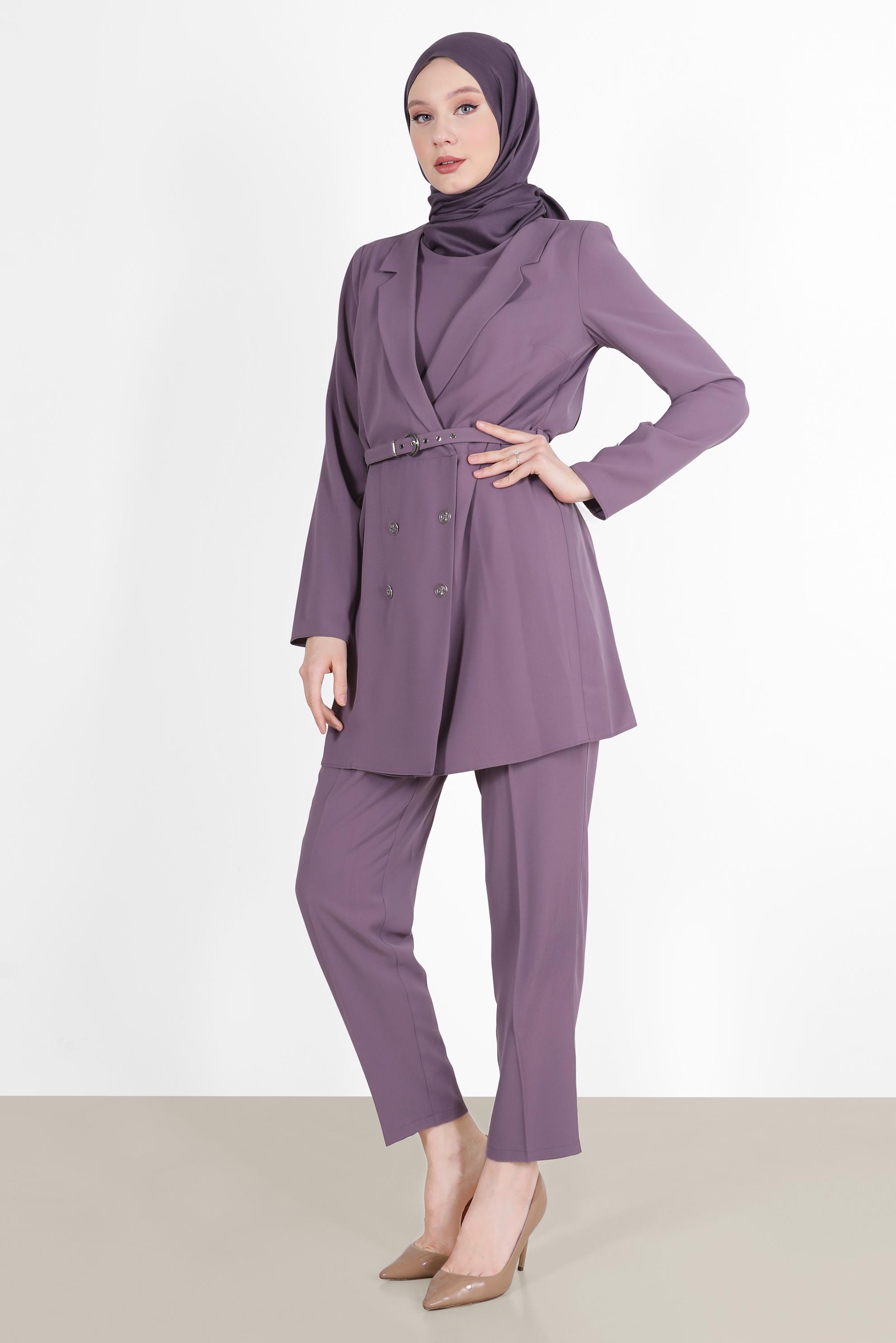 Tesettür giyim MOR KRUVAZE YAKA PANTOLONLU TAKIM 42508 