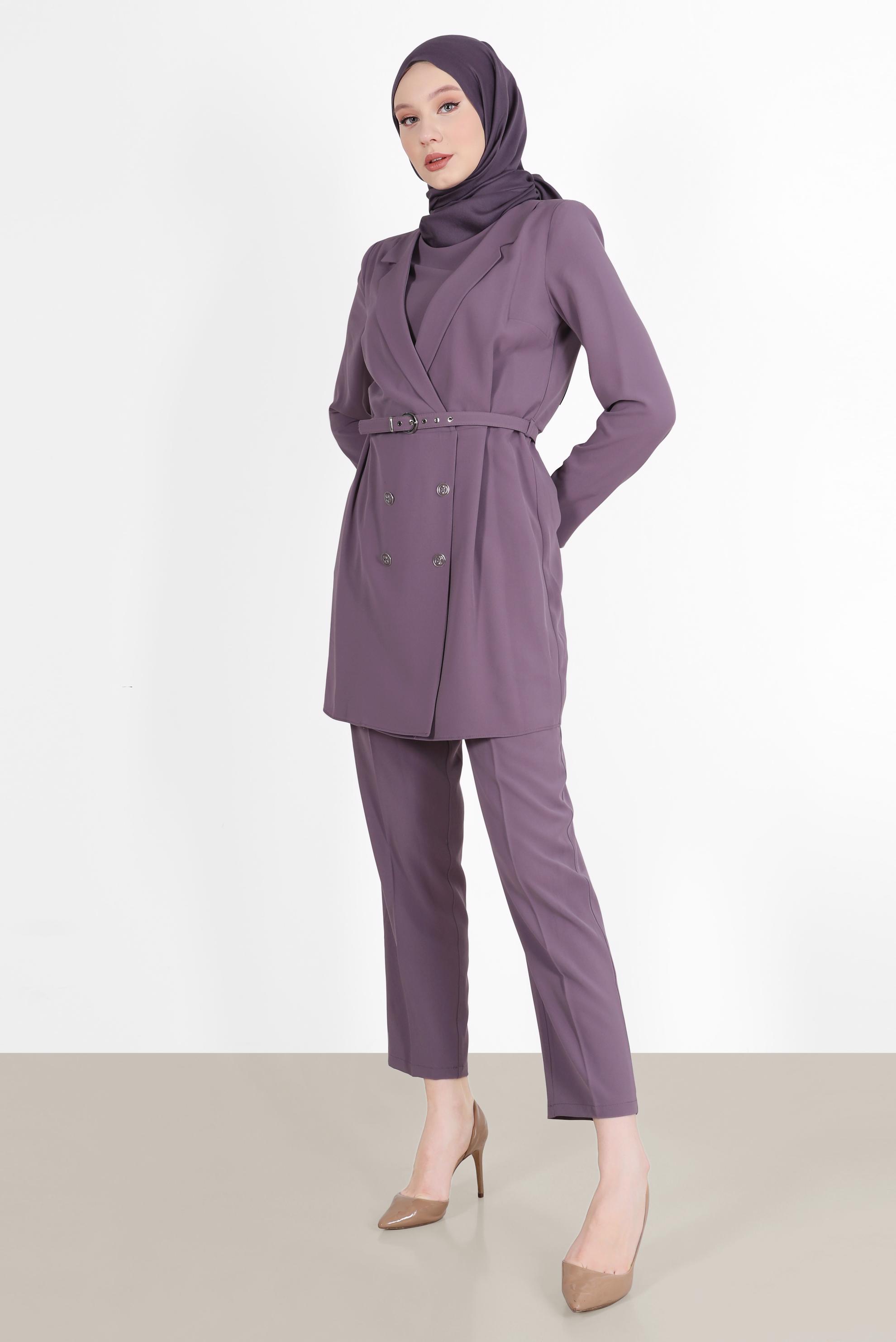 Tesettür giyim MOR KRUVAZE YAKA PANTOLONLU TAKIM 42508 