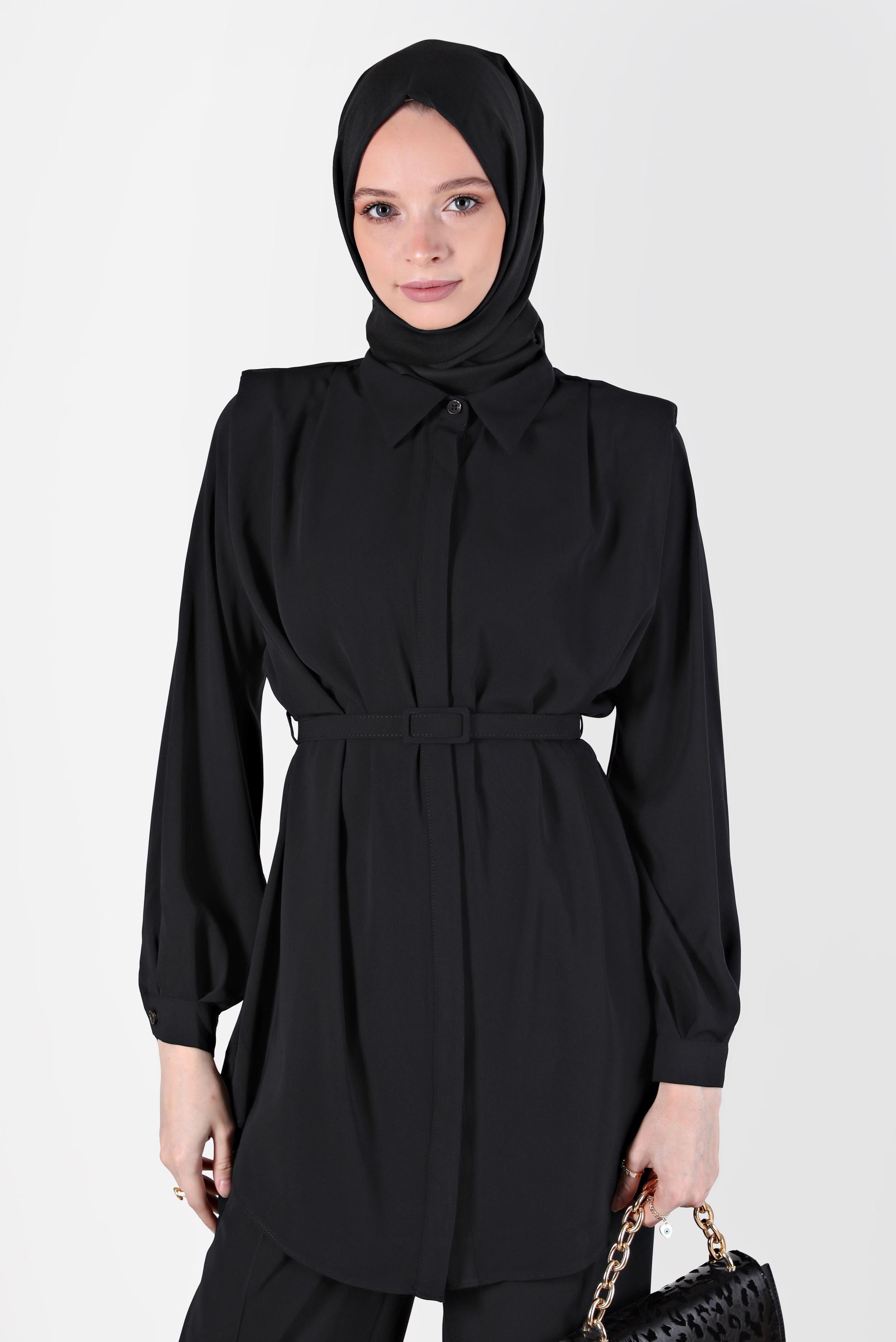 Tesettür giyim SİYAH GİZLİ DÜĞMELİ PANTOLONLU TAKIM 42509	