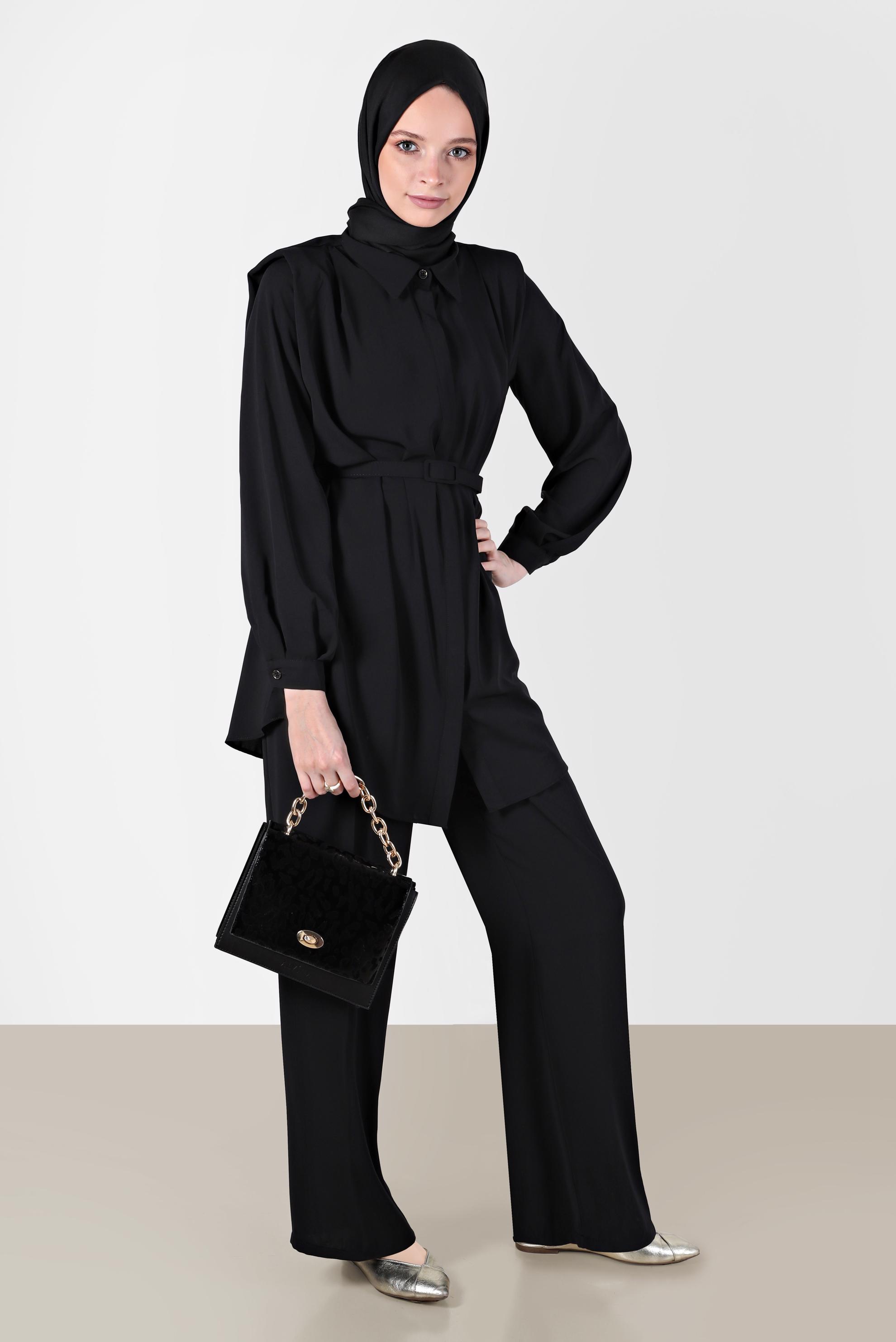 Tesettür giyim SİYAH GİZLİ DÜĞMELİ PANTOLONLU TAKIM 42509	