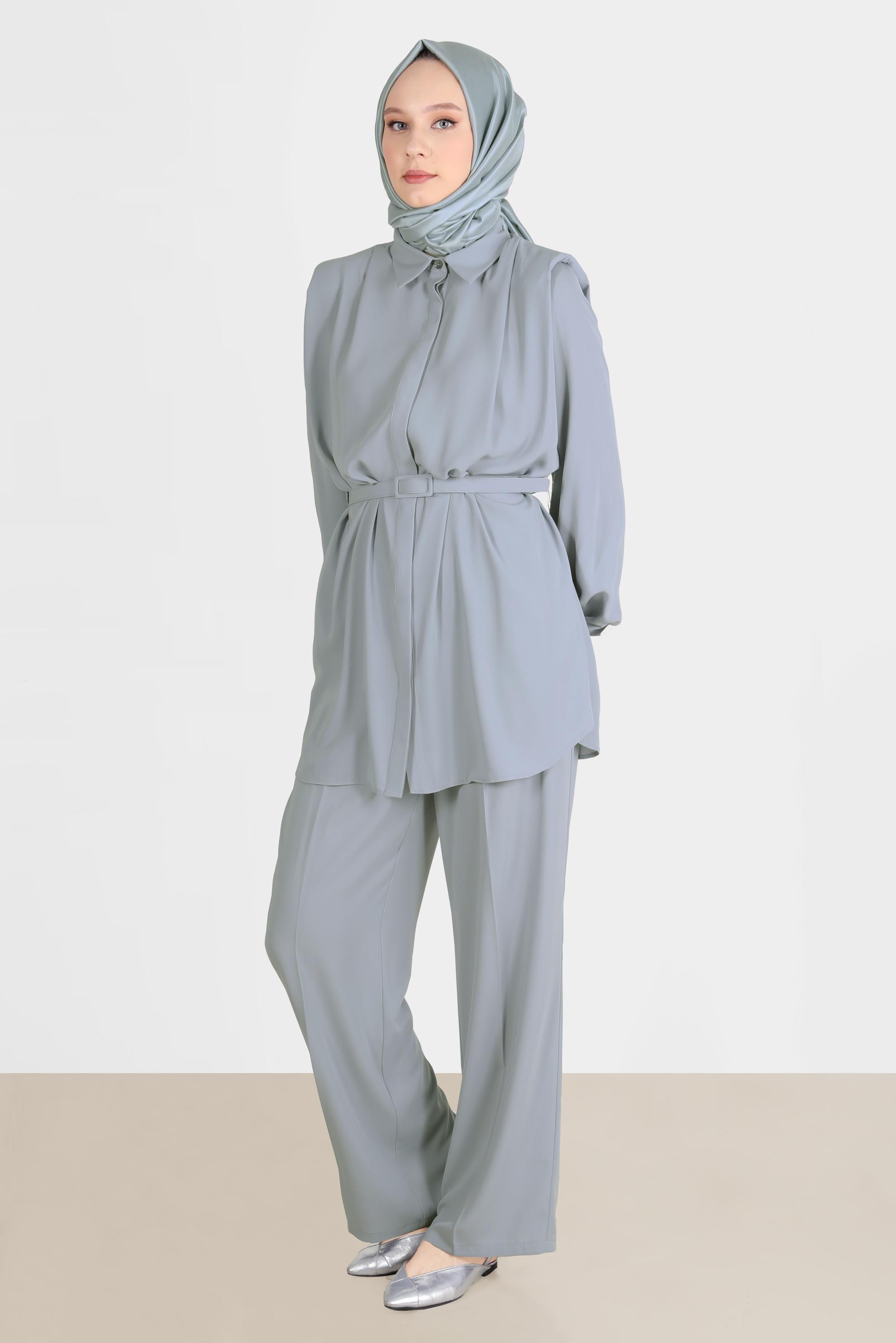 Tesettür giyim GRİ GİZLİ DÜĞMELİ PANTOLONLU TAKIM 42509	