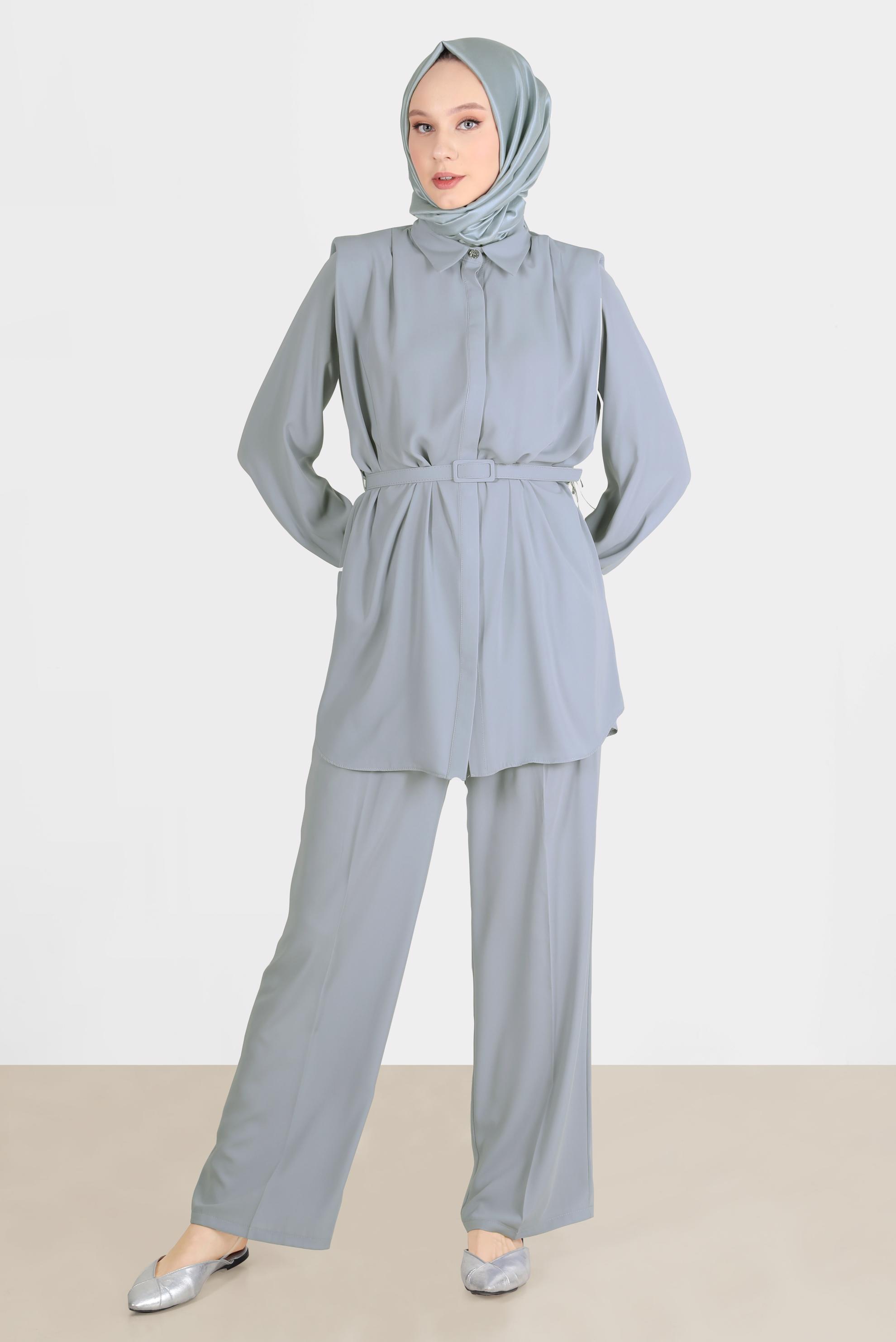 Tesettür giyim GRİ GİZLİ DÜĞMELİ PANTOLONLU TAKIM 42509	