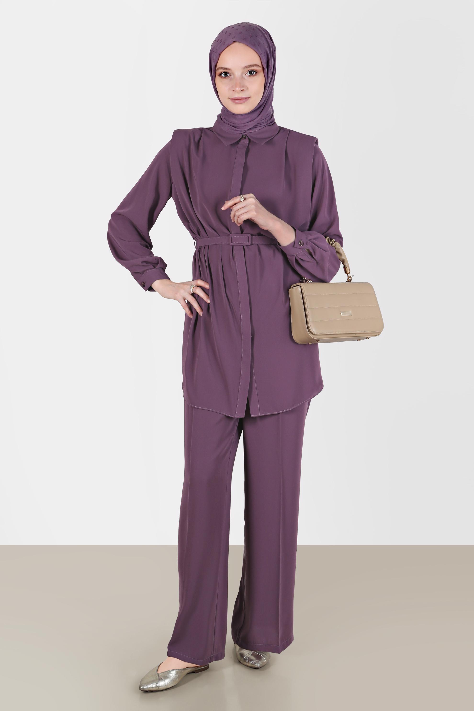 Tesettür giyim MOR GİZLİ DÜĞMELİ PANTOLONLU TAKIM 42509	