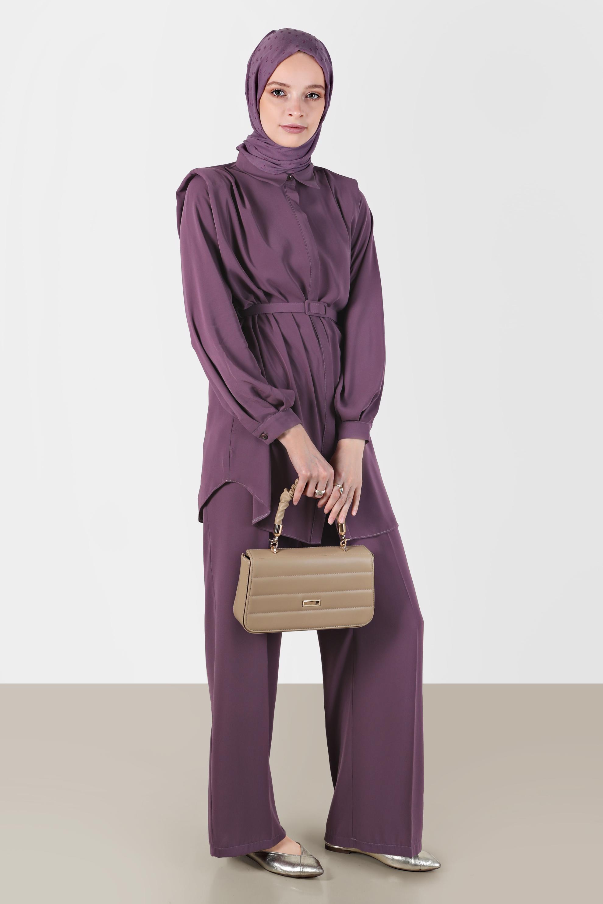 Tesettür giyim MOR GİZLİ DÜĞMELİ PANTOLONLU TAKIM 42509	