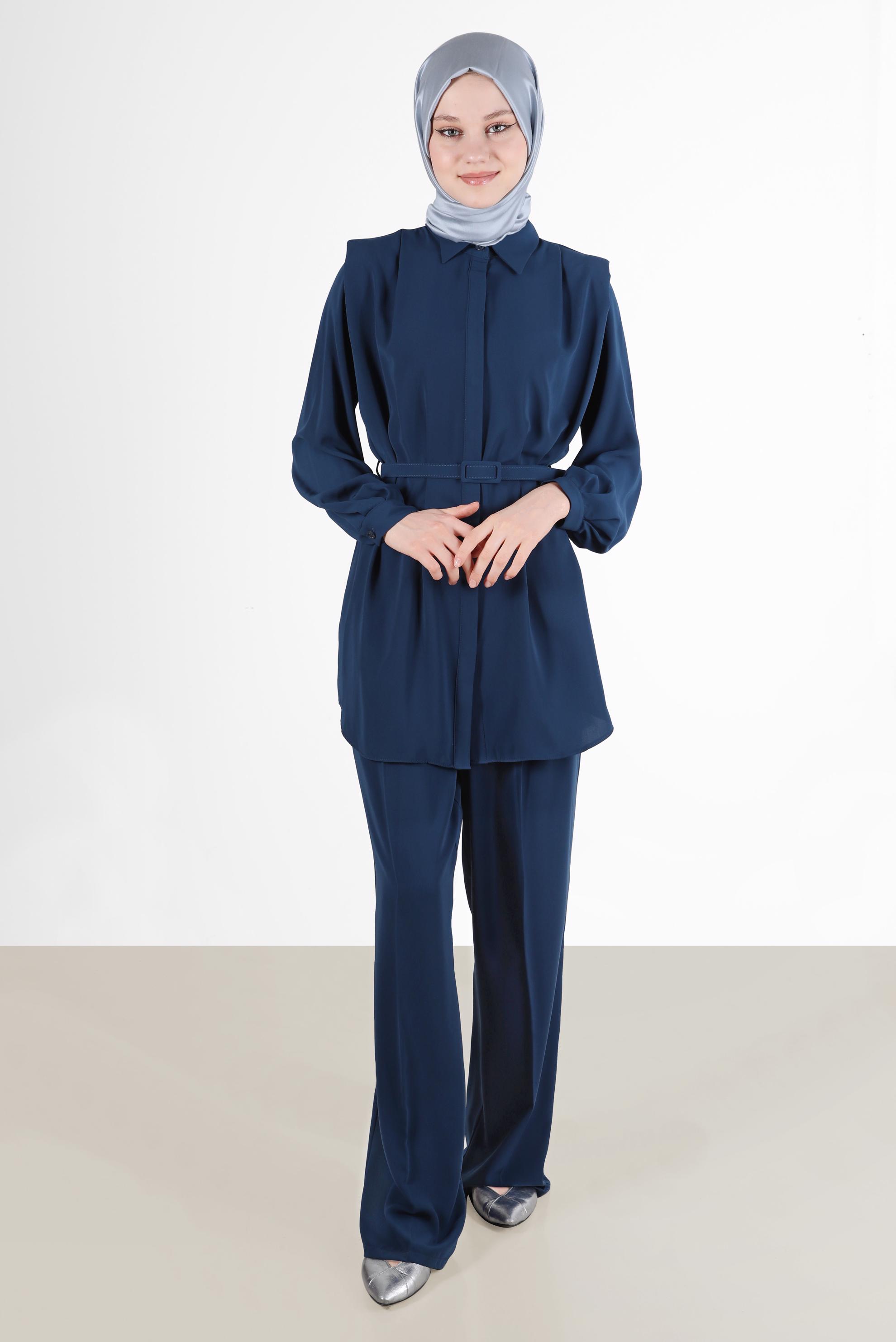 Tesettür giyim LACİVERT GİZLİ DÜĞMELİ PANTOLONLU TAKIM 42509	