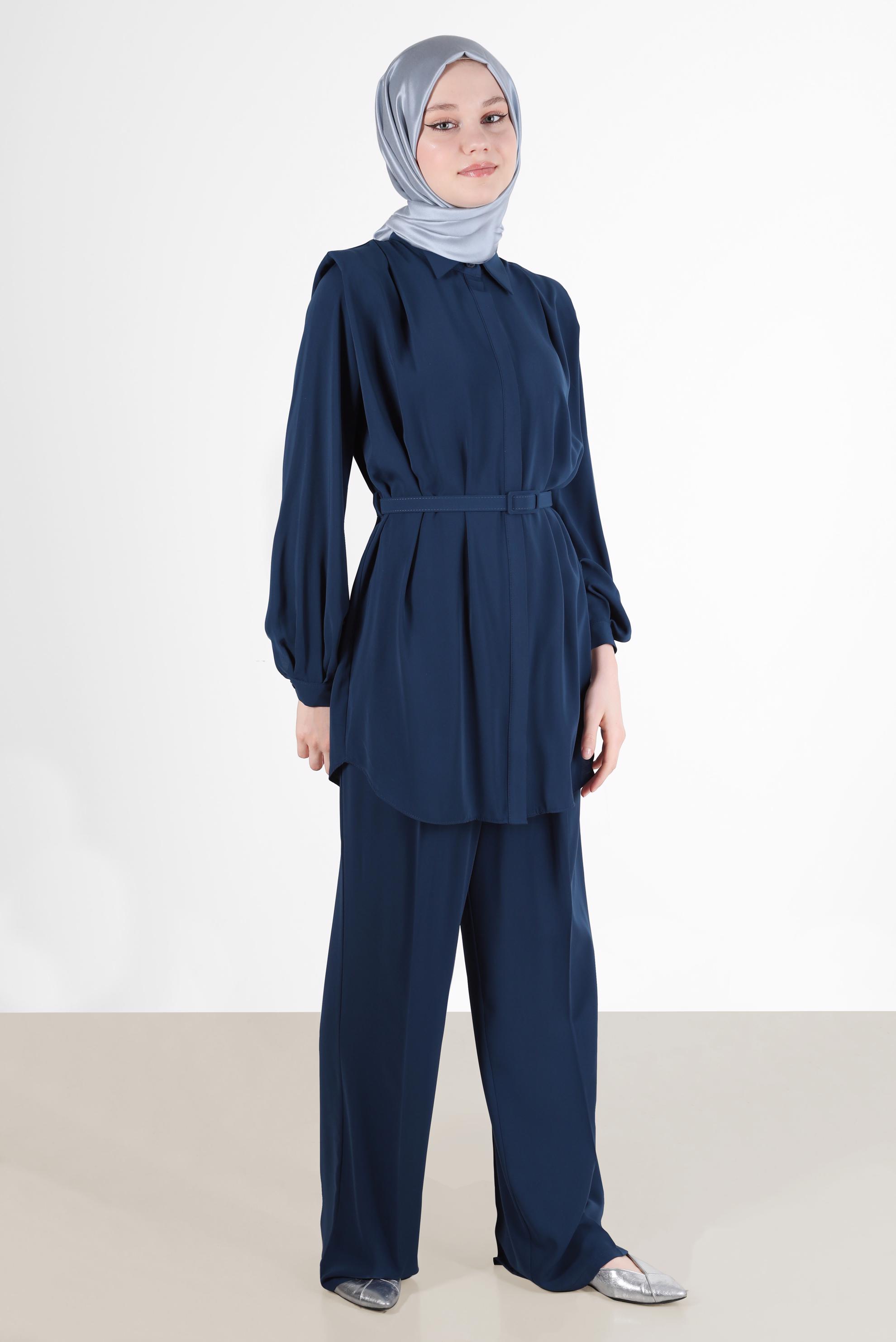 Tesettür giyim LACİVERT GİZLİ DÜĞMELİ PANTOLONLU TAKIM 42509	