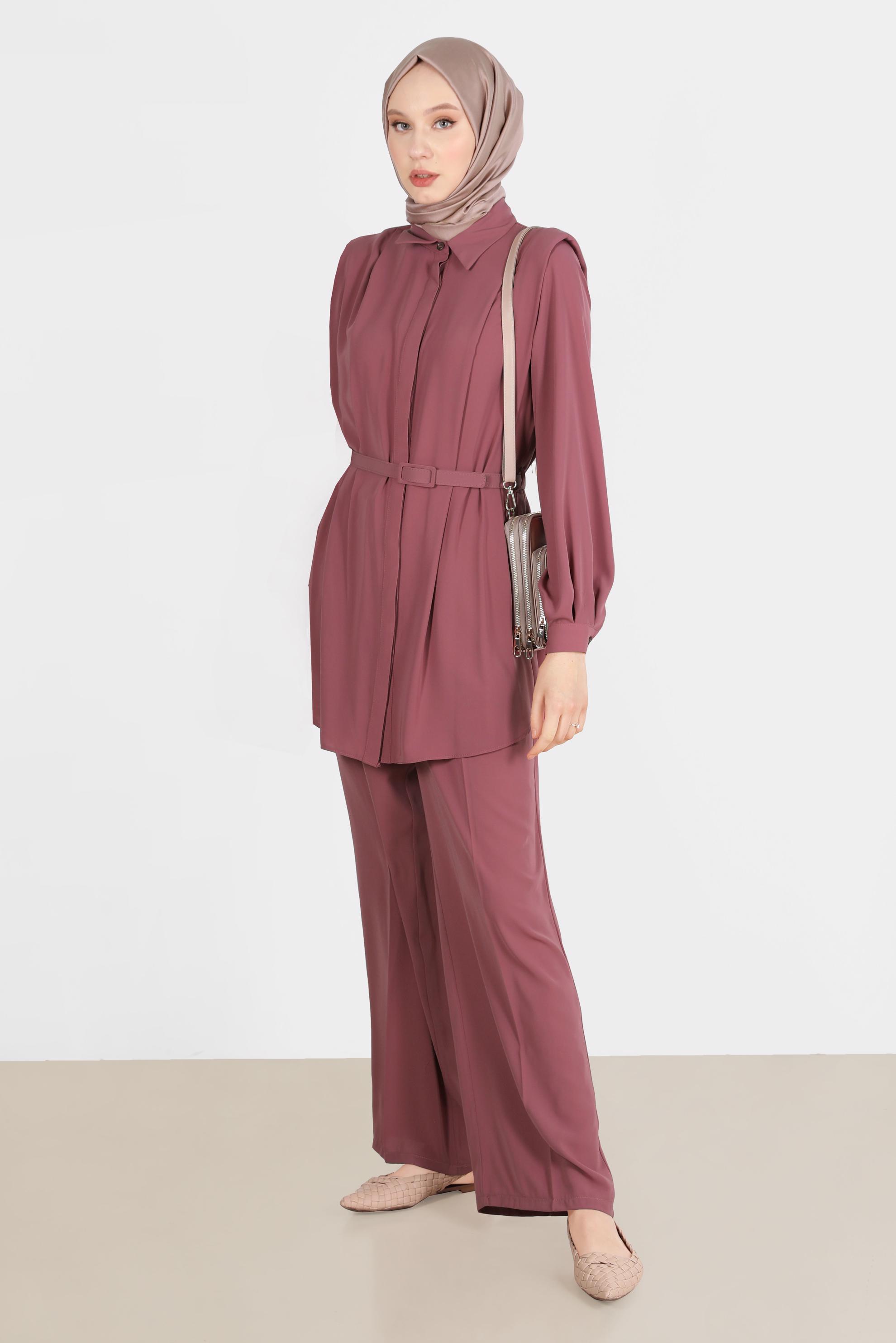 Tesettür giyim PEMBE GİZLİ DÜĞMELİ PANTOLONLU TAKIM 42509	