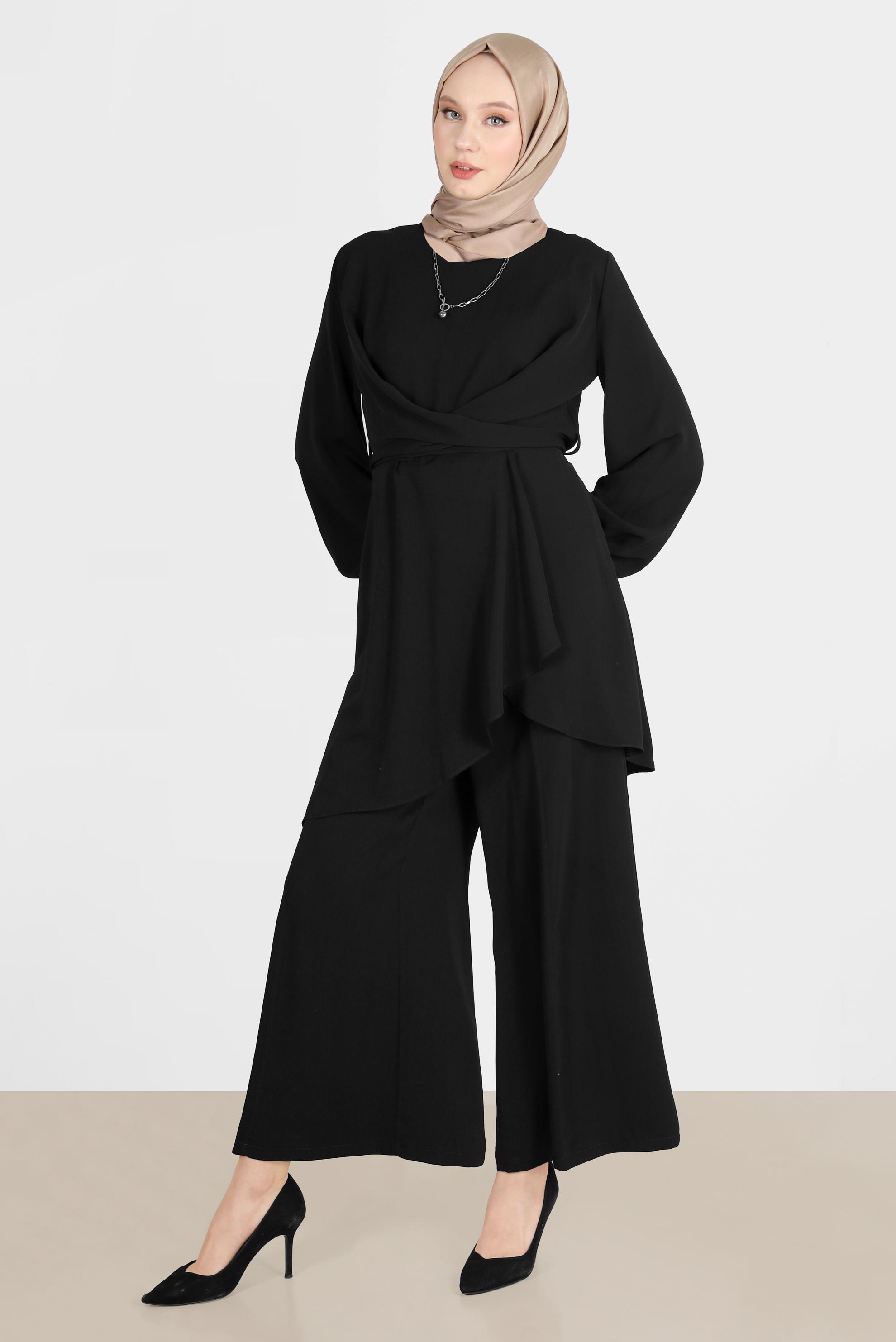 Tesettür giyim SİYAH BAĞLAMA DETAYLI İKİLİ PANT. TAKIM 42510 