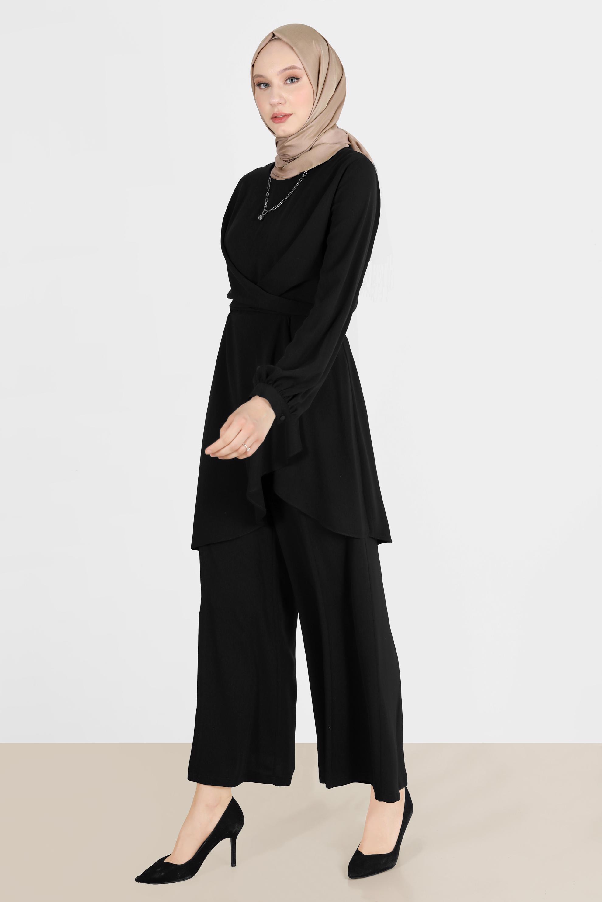 Tesettür giyim SİYAH BAĞLAMA DETAYLI İKİLİ PANT. TAKIM 42510 