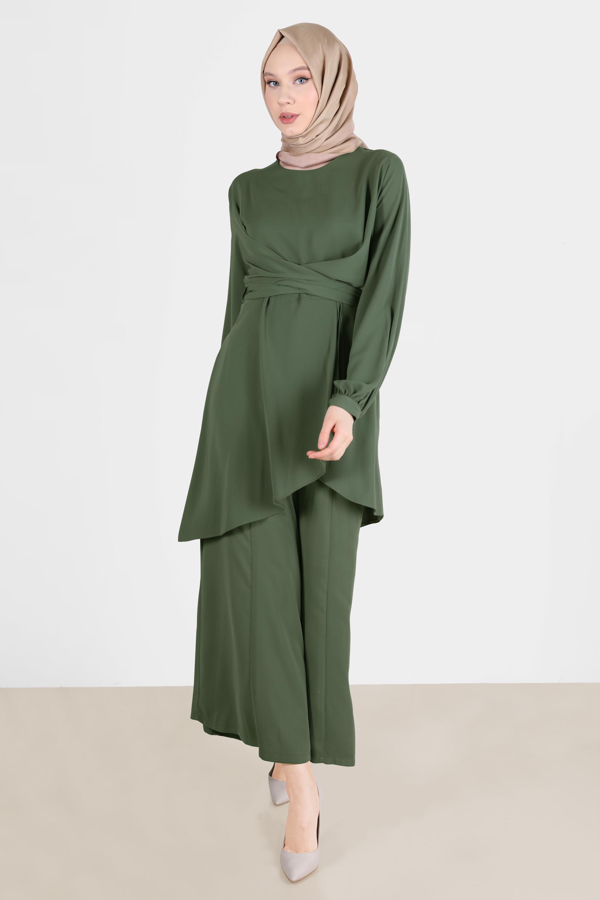 Tesettür giyim HAKİ BAĞLAMA DETAYLI İKİLİ PANT. TAKIM 42510 