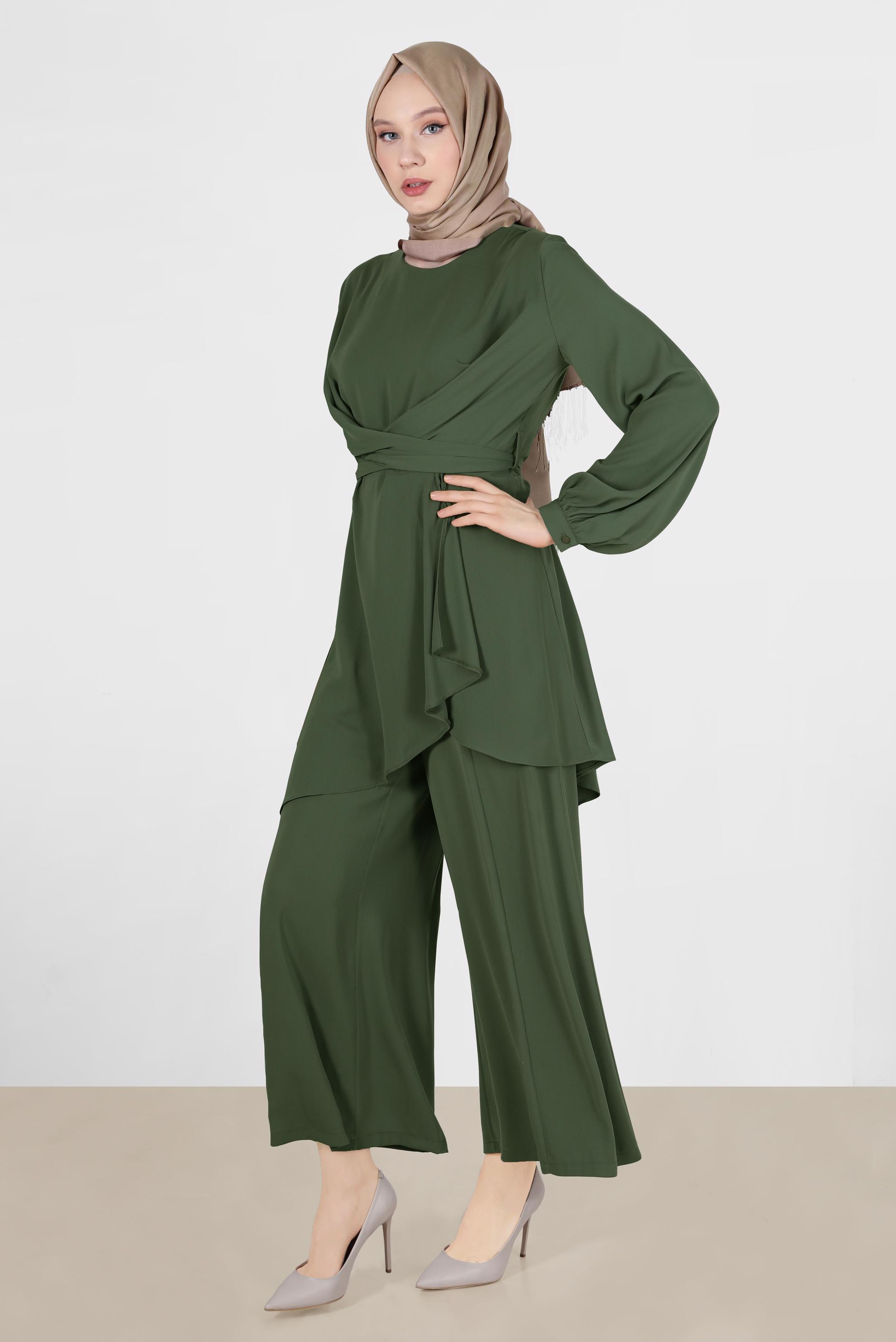 Tesettür giyim HAKİ BAĞLAMA DETAYLI İKİLİ PANT. TAKIM 42510 
