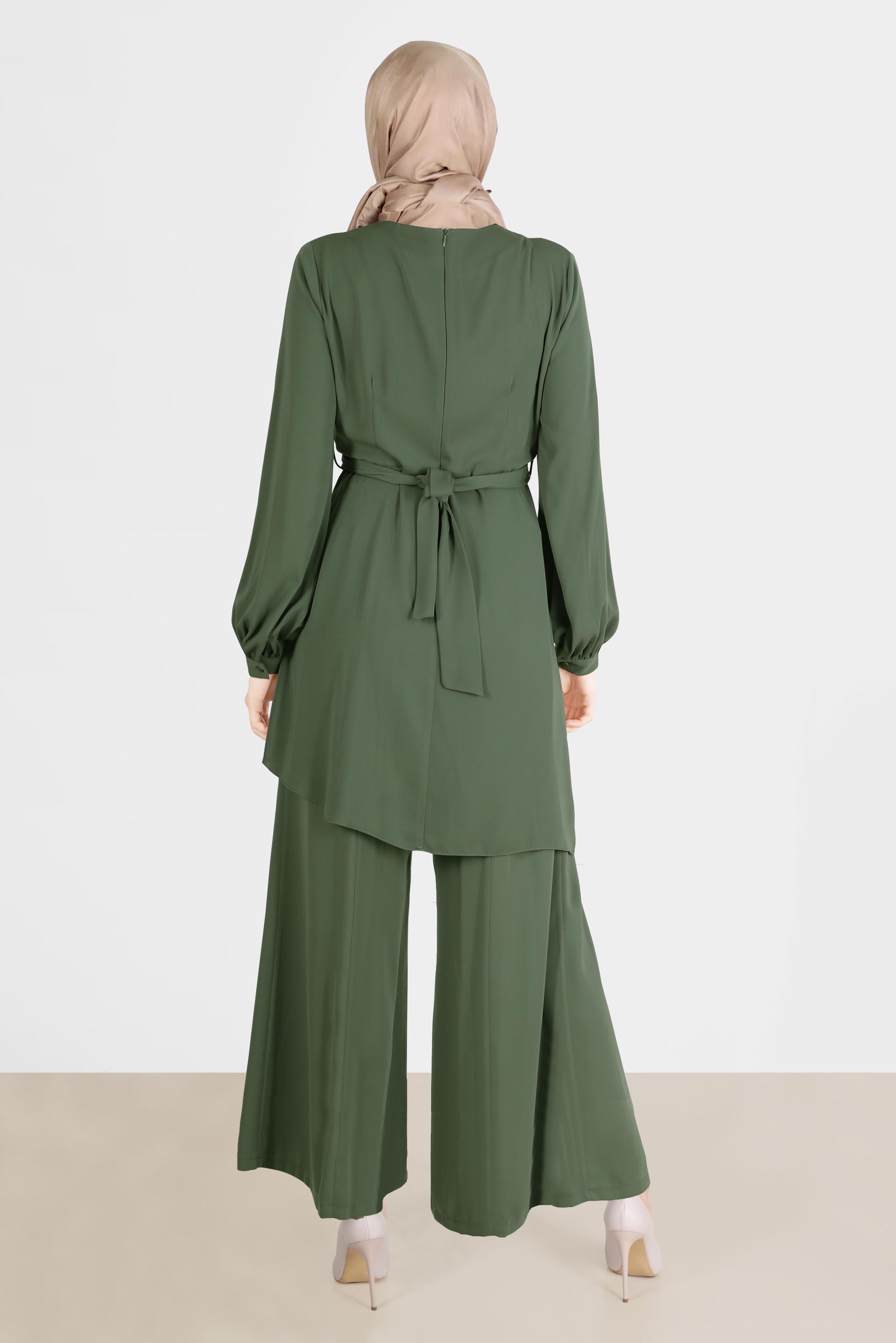 Tesettür giyim HAKİ BAĞLAMA DETAYLI İKİLİ PANT. TAKIM 42510 