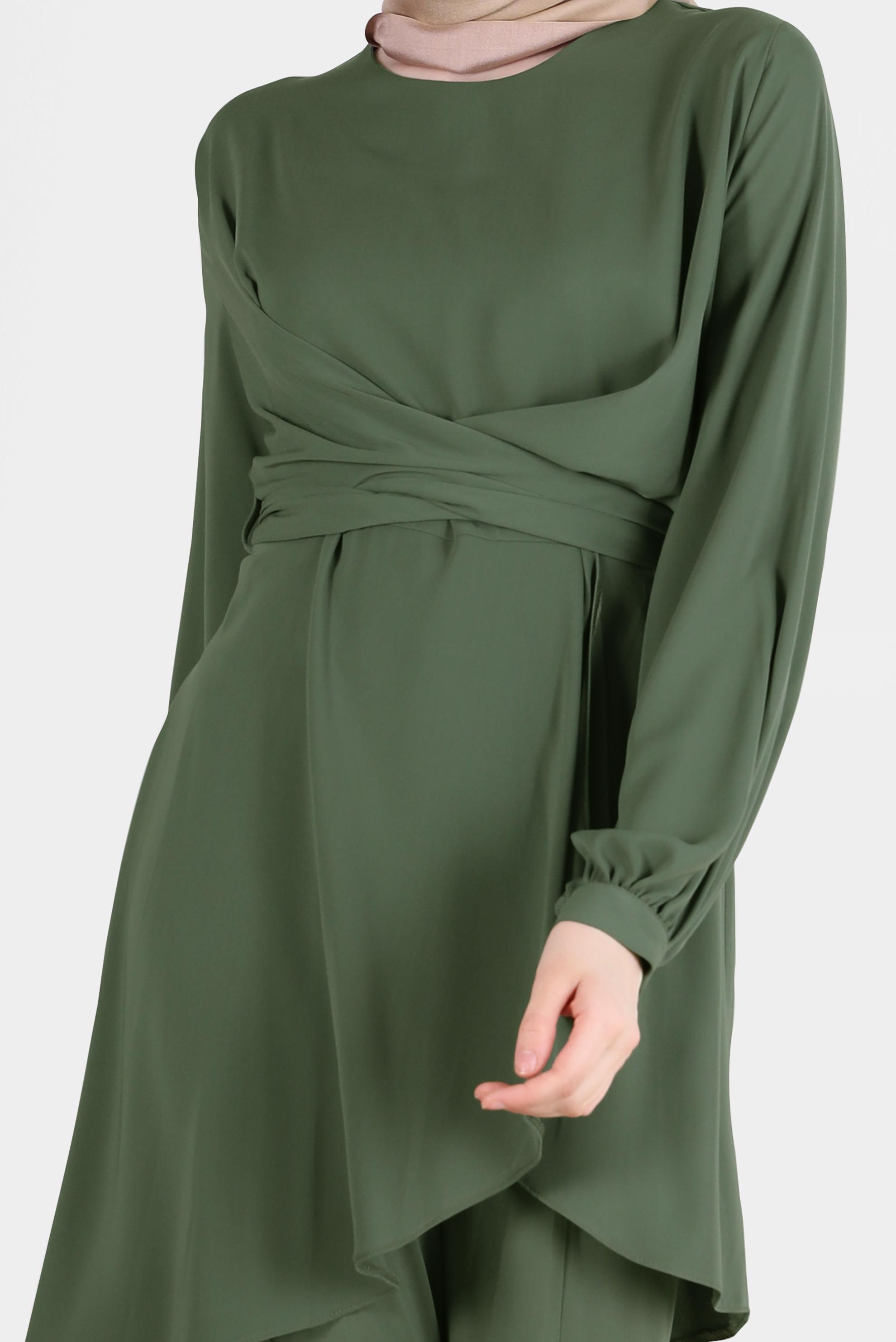 Tesettür giyim HAKİ BAĞLAMA DETAYLI İKİLİ PANT. TAKIM 42510 