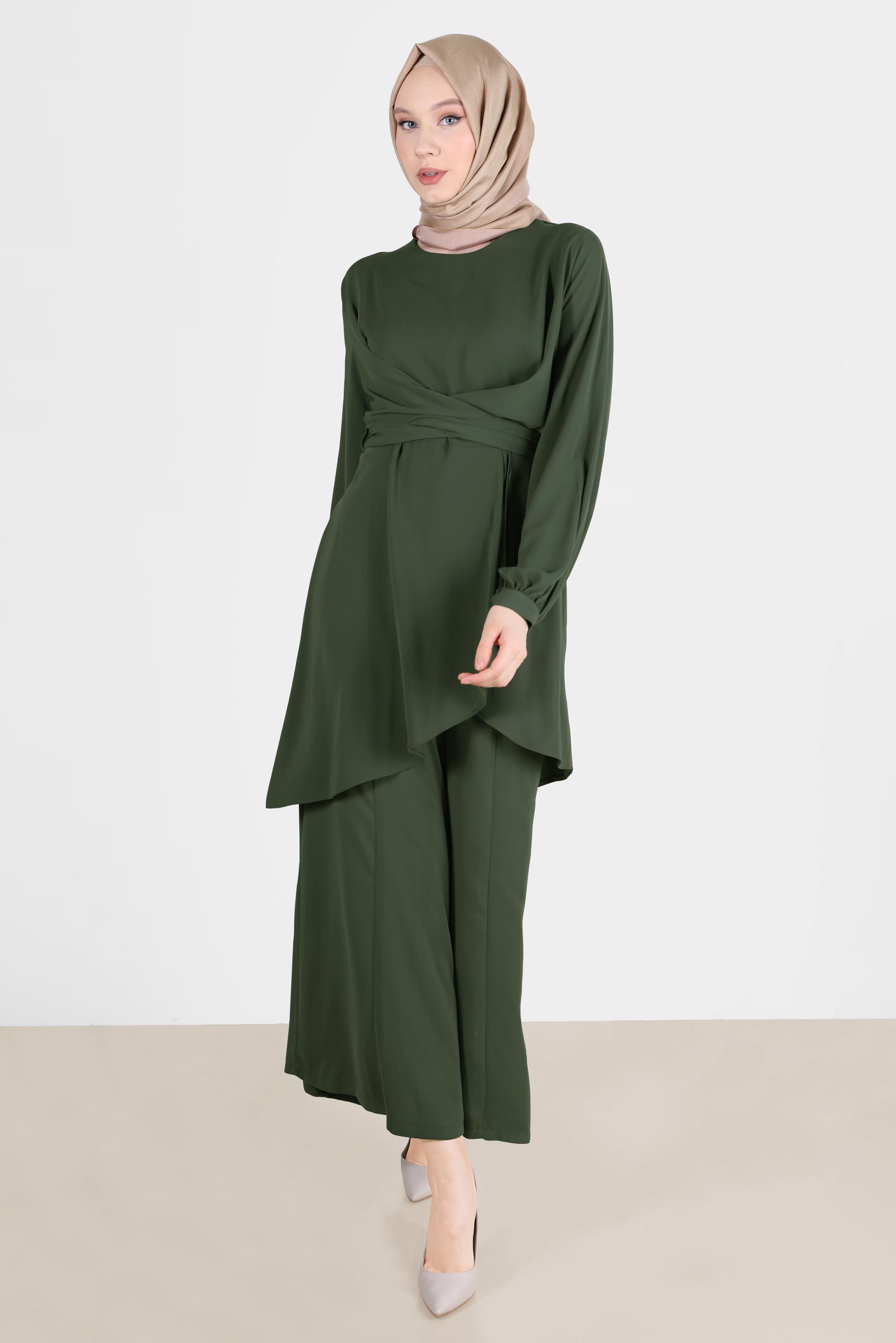 Tesettür giyim HAKİ BAĞLAMA DETAYLI İKİLİ PANT. TAKIM 42510 