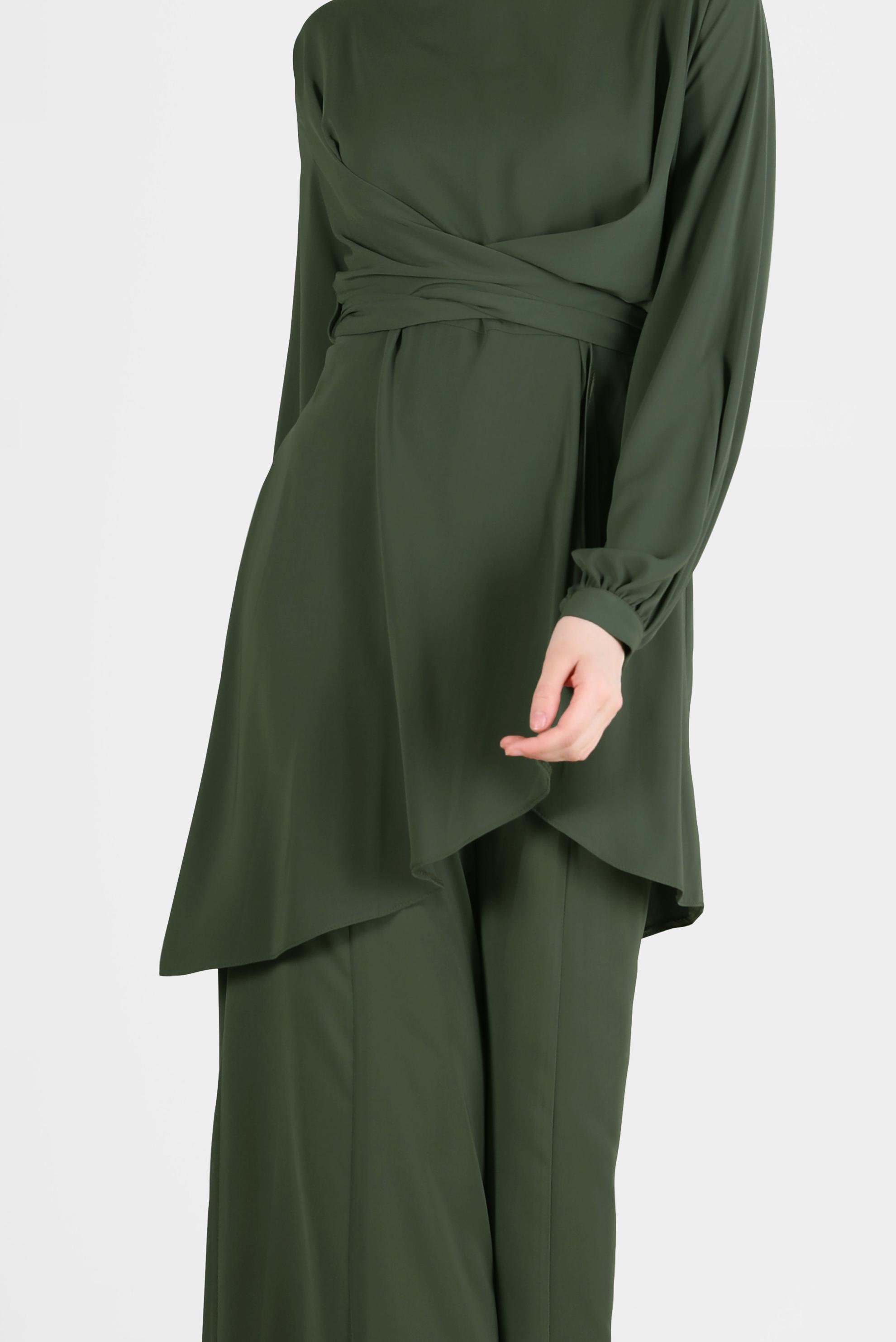 Tesettür giyim HAKİ BAĞLAMA DETAYLI İKİLİ PANT. TAKIM 42510 