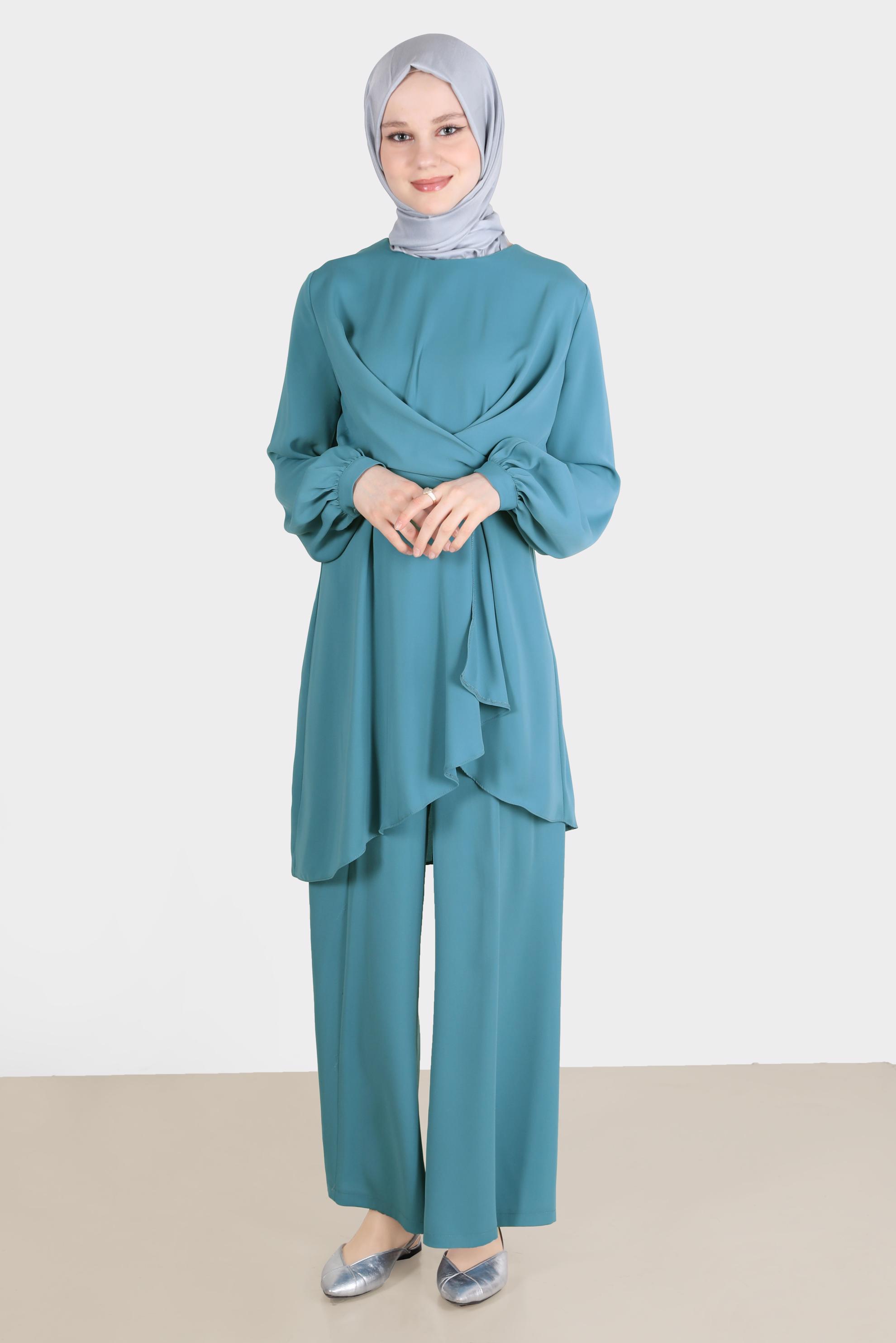 Tesettür giyim MAVİ BAĞLAMA DETAYLI İKİLİ PANT. TAKIM 42510 