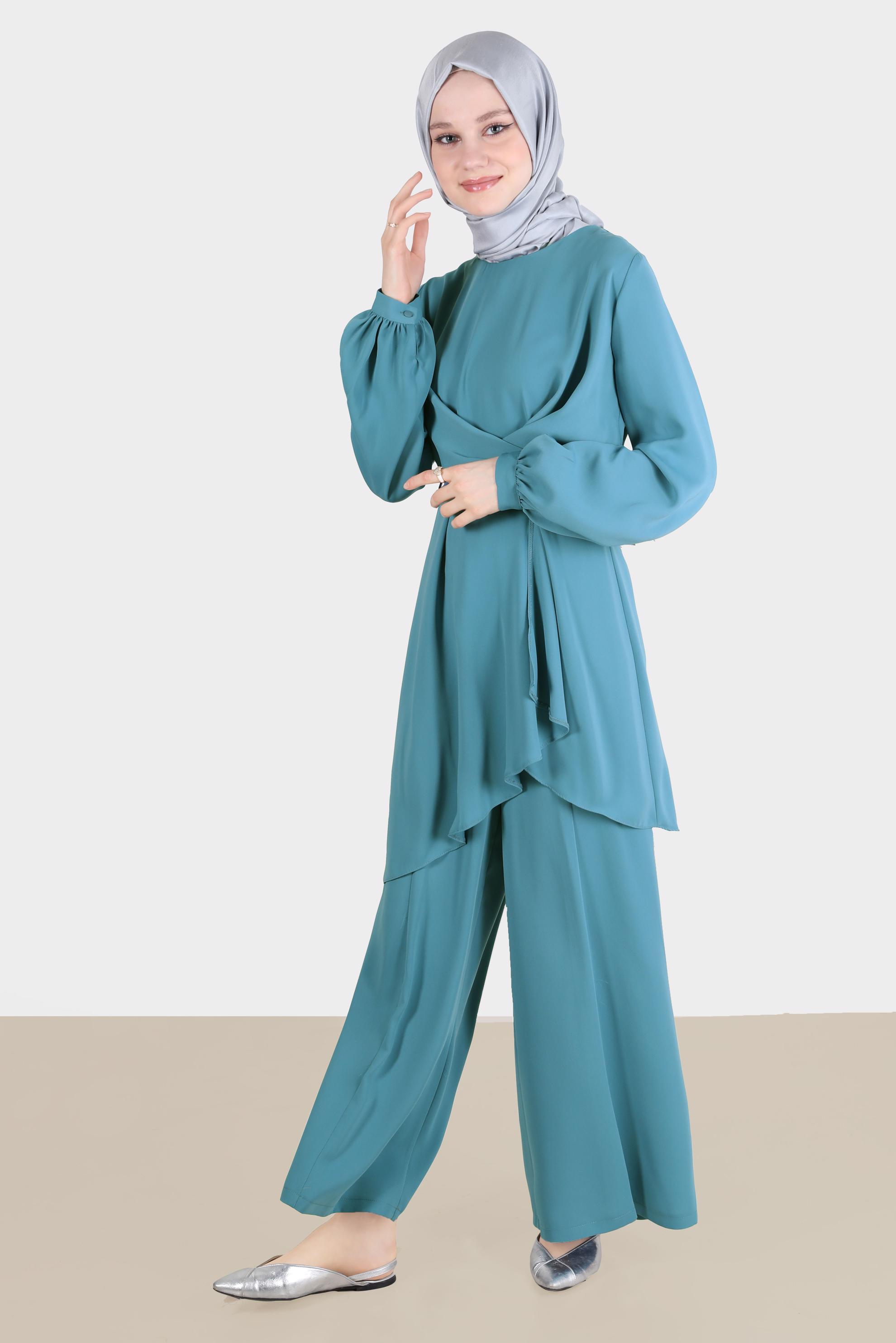 Tesettür giyim MAVİ BAĞLAMA DETAYLI İKİLİ PANT. TAKIM 42510 