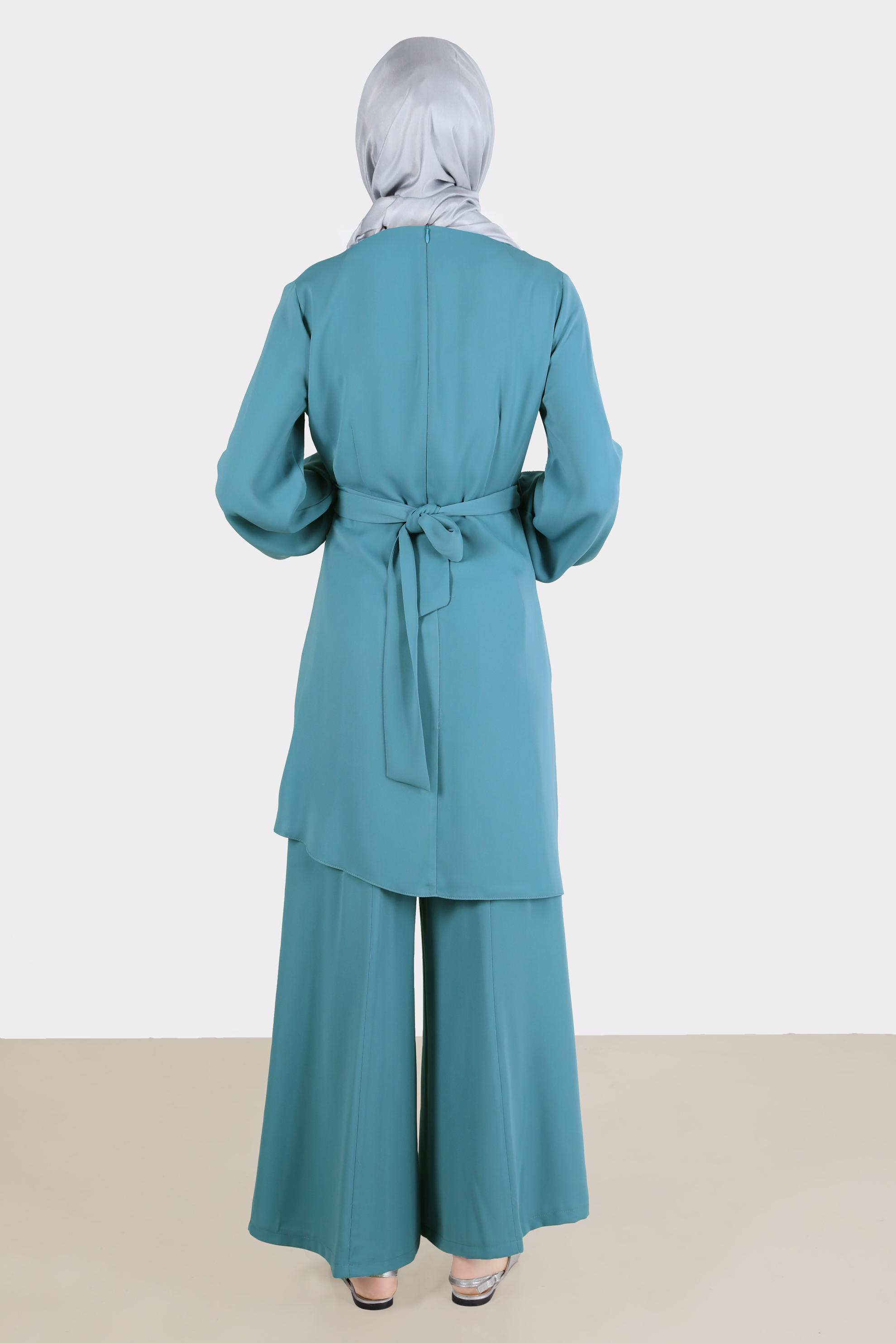 Tesettür giyim MAVİ BAĞLAMA DETAYLI İKİLİ PANT. TAKIM 42510 