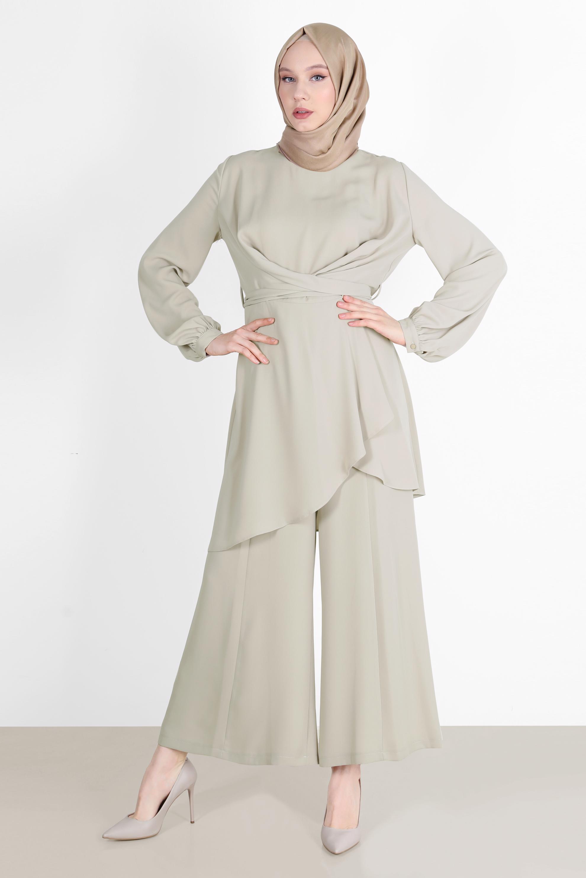 Tesettür giyim VİZON BAĞLAMA DETAYLI İKİLİ PANT. TAKIM 42510 
