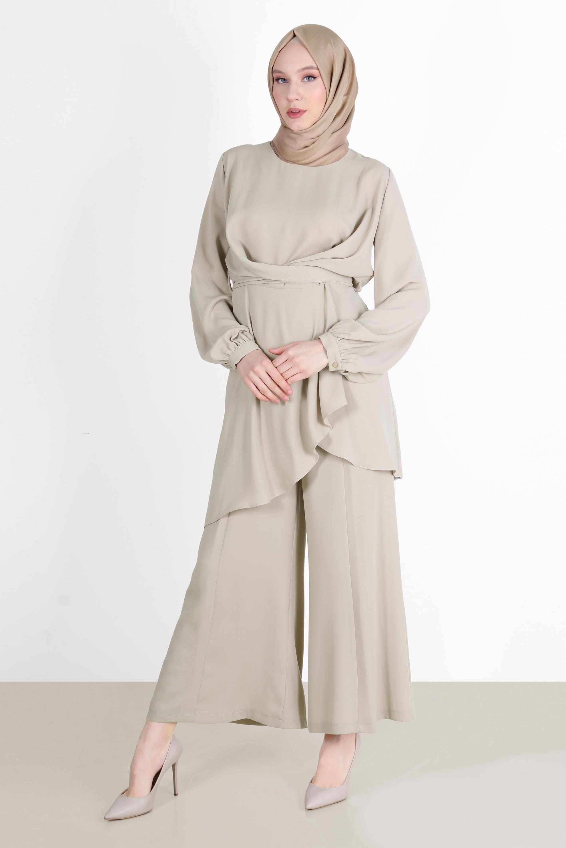 Tesettür giyim VİZON BAĞLAMA DETAYLI İKİLİ PANT. TAKIM 42510 