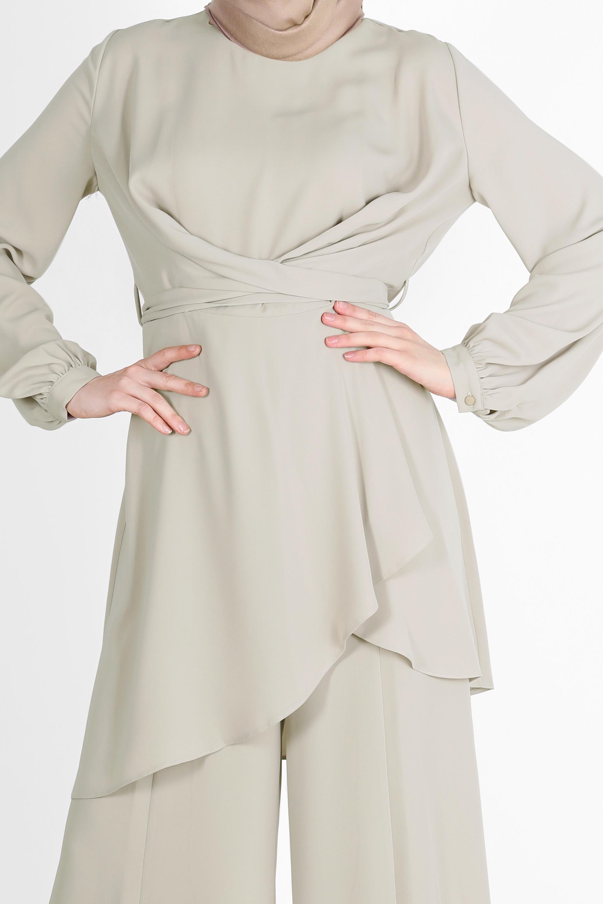 Tesettür giyim VİZON BAĞLAMA DETAYLI İKİLİ PANT. TAKIM 42510 