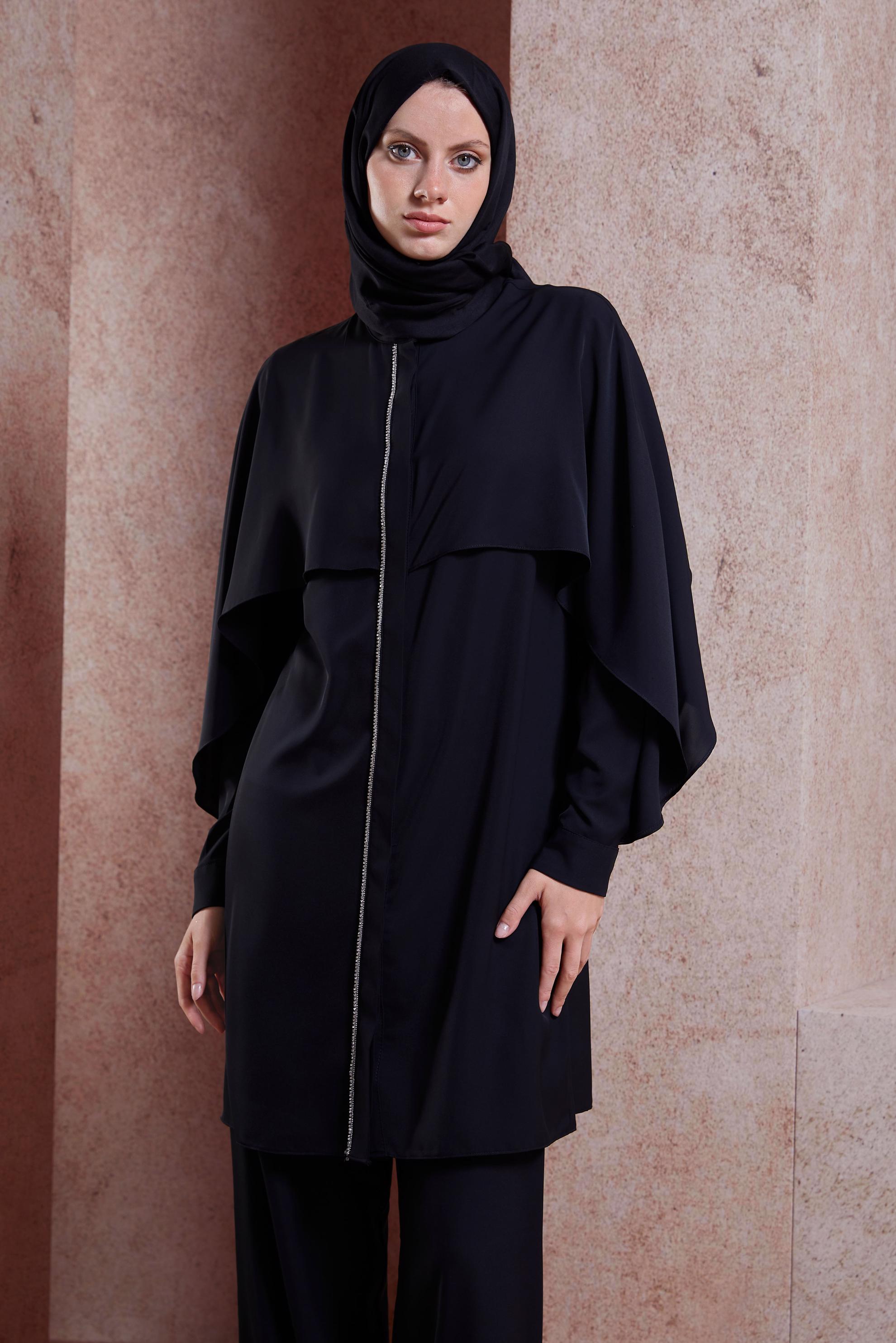 Tesettür giyim SİYAH TAŞ ŞERİTLİ PANTOLONLU TAKIM 42511