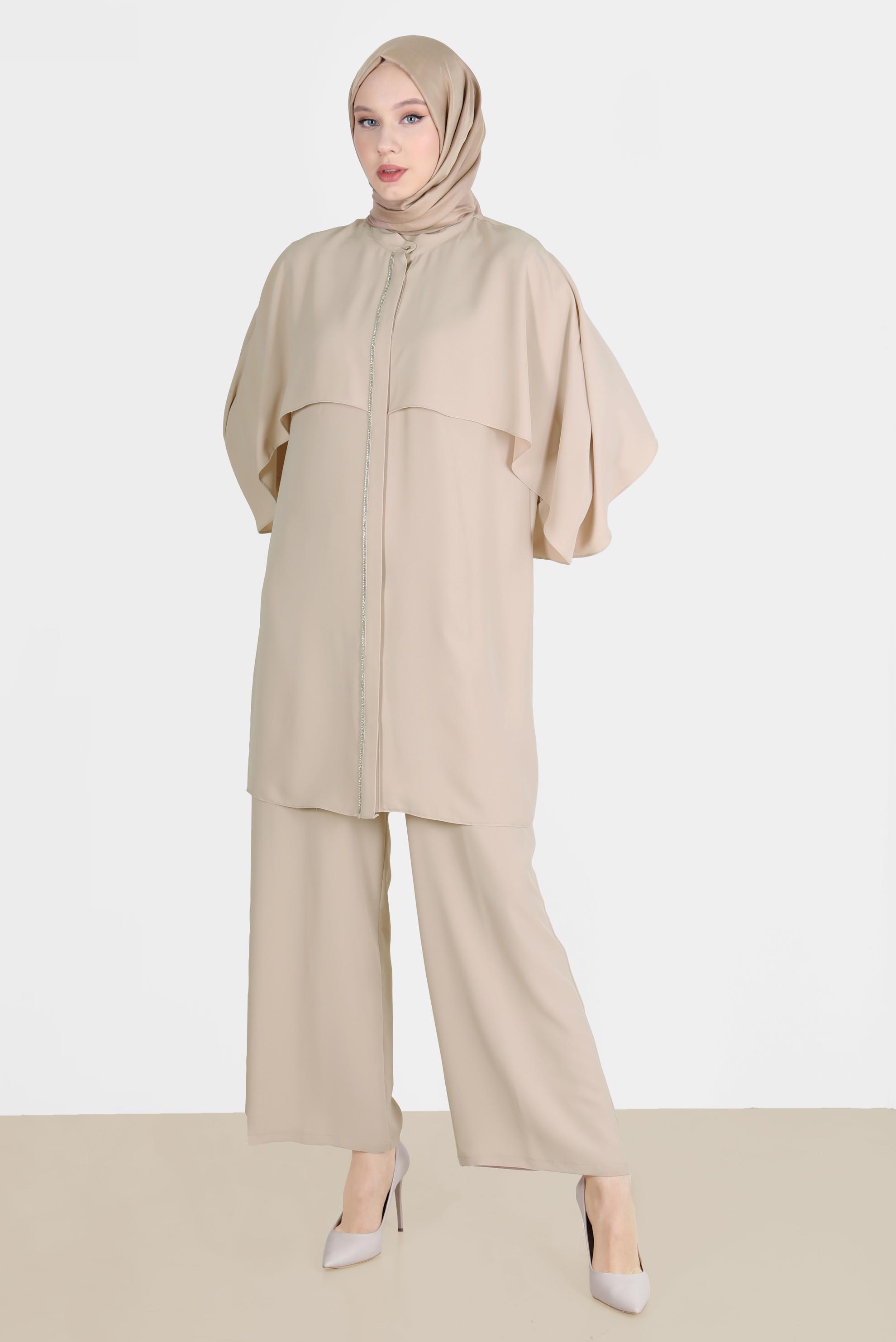 Tesettür giyim BEJ TAŞ ŞERİTLİ PANTOLONLU TAKIM 42511